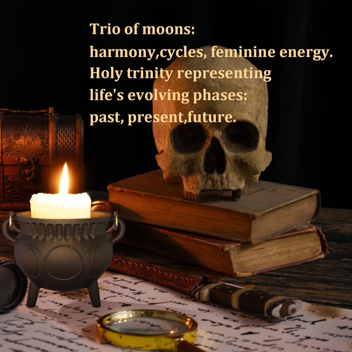 Cast Iron Cauldron with Lid & Handle, Small Triple Moon Cast Iron Cauldron Pot, Incense Burner Witchcraft Ideal for Cooking, Smudging, Ritual Purpose, Sage, Halloween Decoration