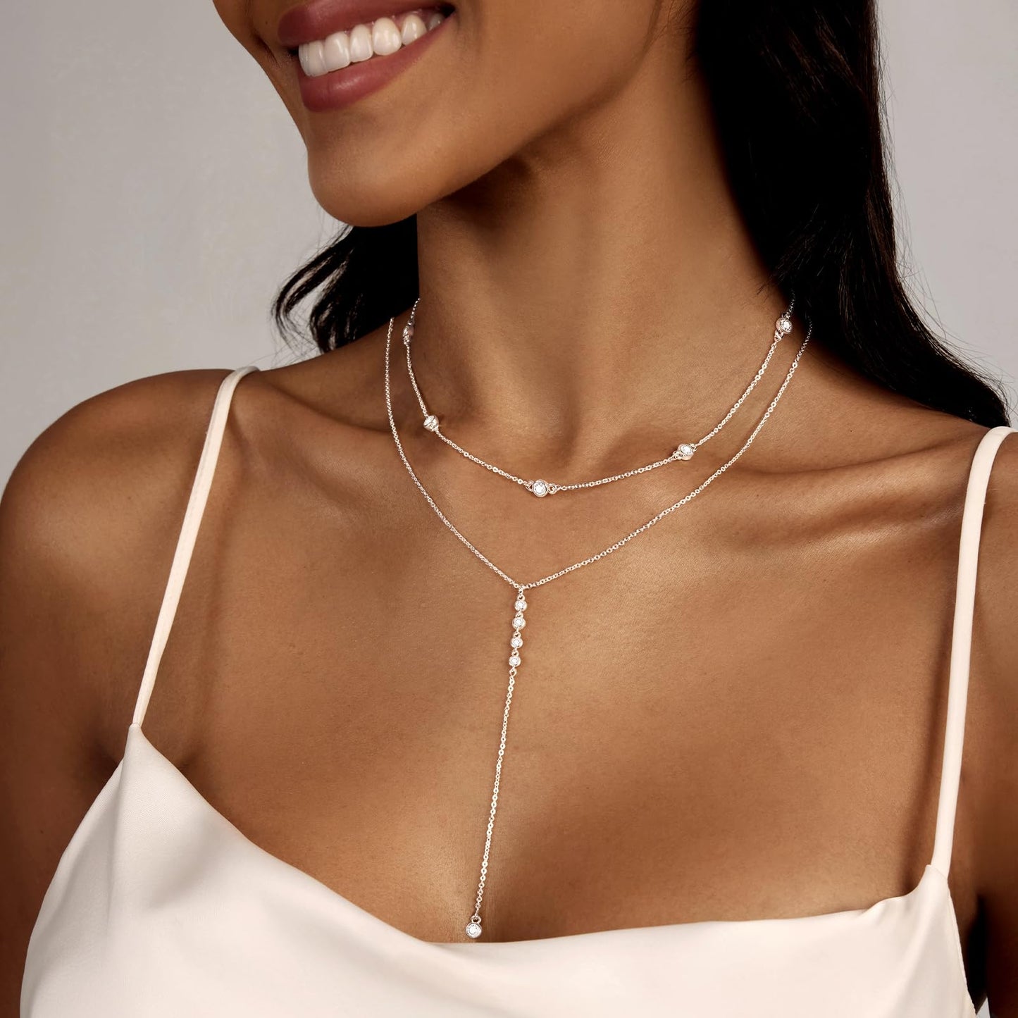 Luxval Long Silver Necklace for Women- Dainty Silver Teardrop Drop Lariat Necklace Trendy Layered Simple CZ Y-Shaped Body Chain Stack Wedding Prom Dangle Statement Necklace Jewelry Gifts