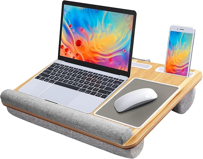 HUANUO Lap Desk - Fits up to 17 inches Laptop Desk, Built in Mouse Pad & Wrist Pad for Notebook, Laptop, Tablet, Lap Stand with Tablet, Pen & Phone Holder, Wood Grain