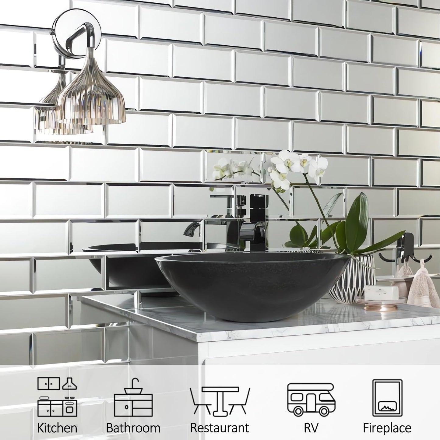 V-MOZZA 40-Pack Greek Silver Beveled Mirror Glass Tiles - 3x6 Real Mirror Subway Tile - Upgraded Industrial Self-Adhesive Backing for Kitchen Backsplash, Accent Wall & Home Decor (5 Sq.Ft)
