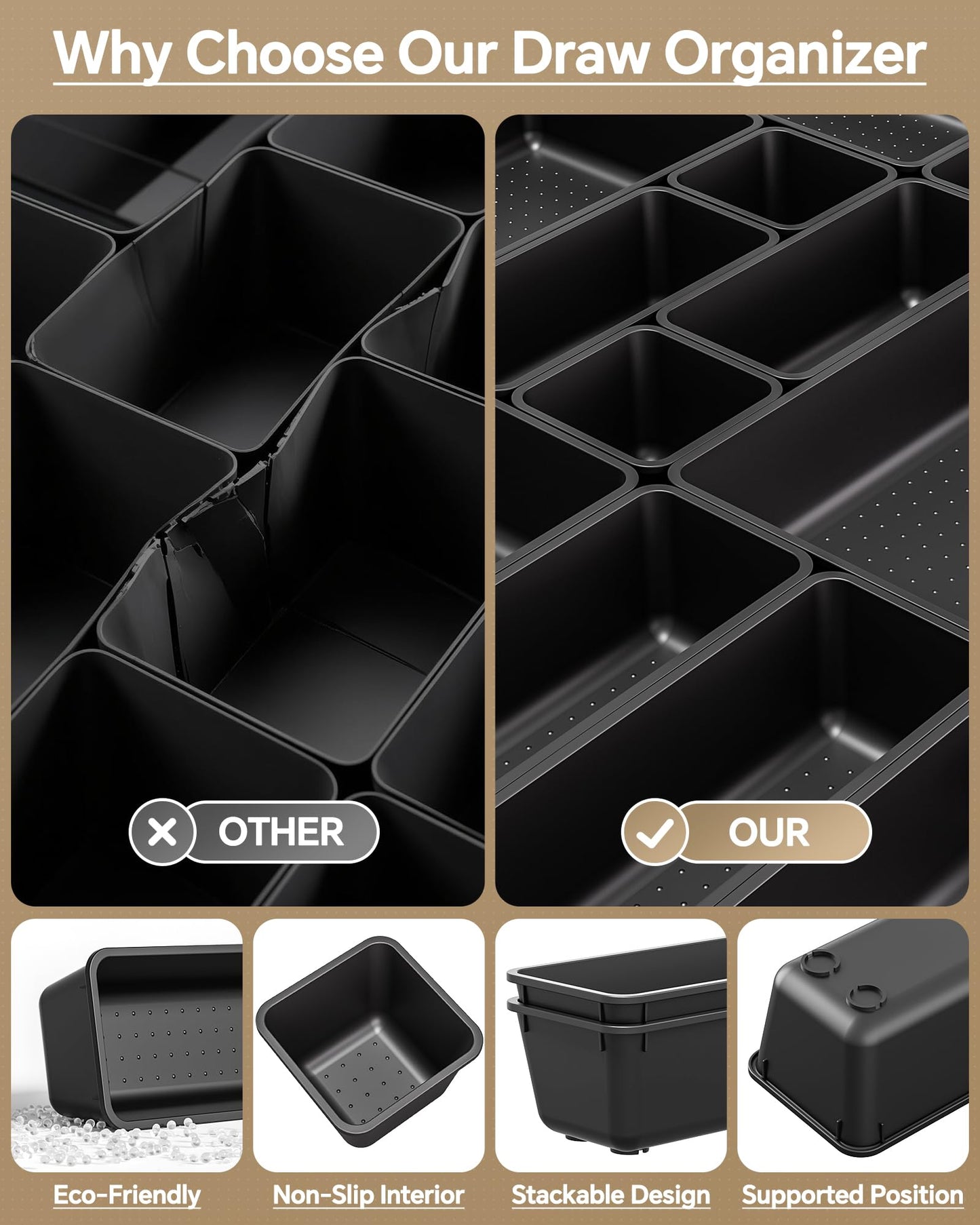 KEMETHY 25 PCS Plastic Drawer Organizers Set, 4 Sizes Vanity Organizer, Makeup and Desk Drawer Organizer Trays, Organization and Storage for Makeup, Bathroom, Kitchen Utensils and Office (Black)