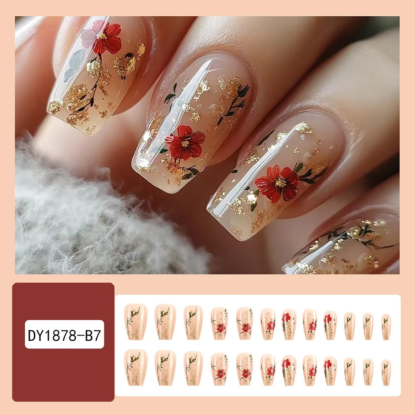Flower Press on Nails Medium Ballet Shaped Gold Glitter Powder Flower Rose Pattern Design Full Cover Glossy Artificial Fingernails Reusable Acrylic Press Ons Stick on Nails for Women Spring Manicure