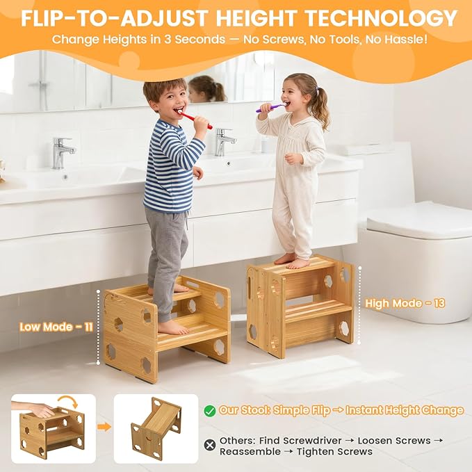 Kesswin Step Stool for Kids, Wooden Toddler Step Stool 300 lbs Capacity with Safety Non-Slip Pads and Handles, Height-Adjustable 2-Stepping Stool for Kitchen, Bathroom Sink, Bedroom