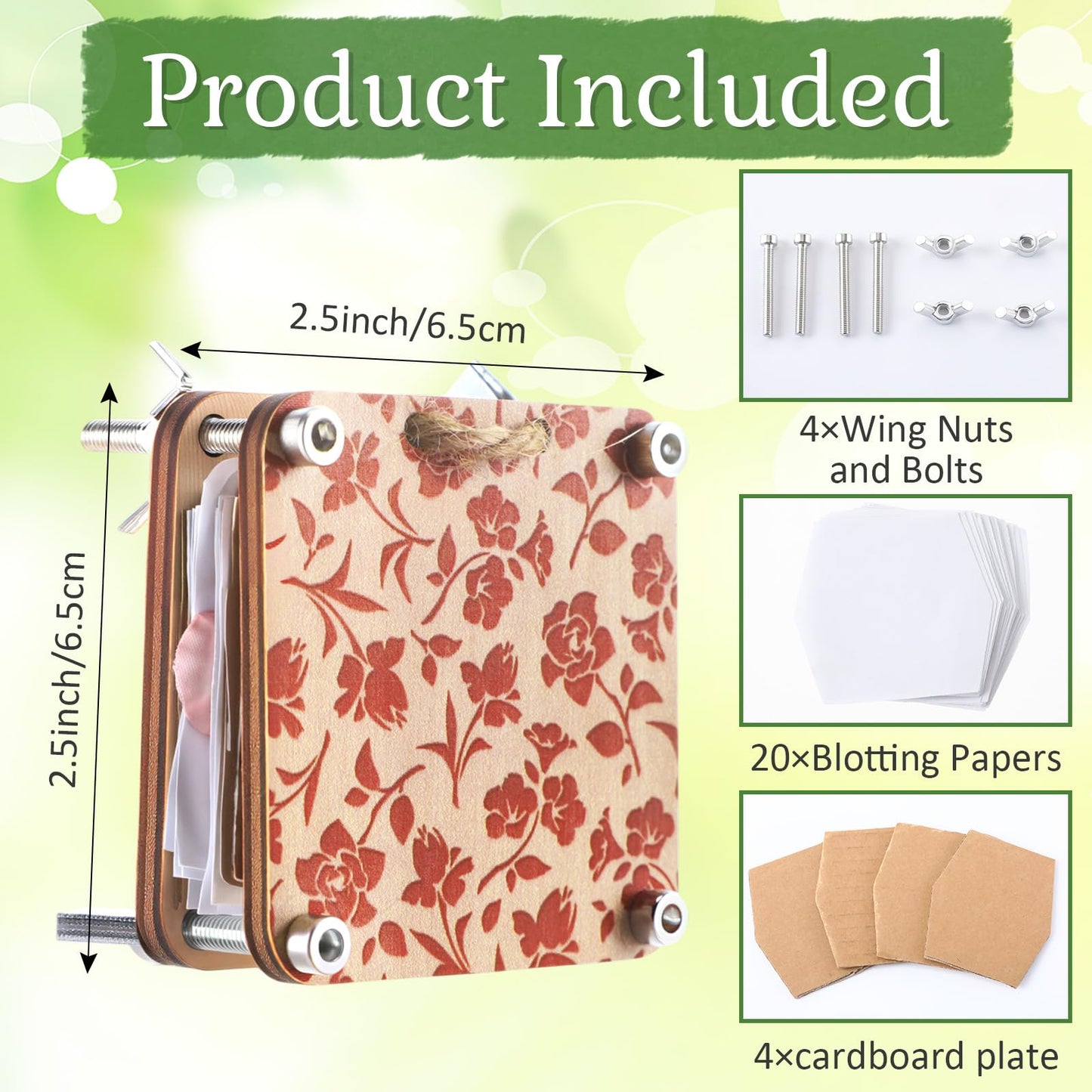 Leriton Micro Flower Press Kit 2.56 x 2.56 Inch Mini Wood Flower Press Kit Pocket Plant Leaf Preservation with 20 Specimen Papers for DIY Arts Crafts Pressing Plants