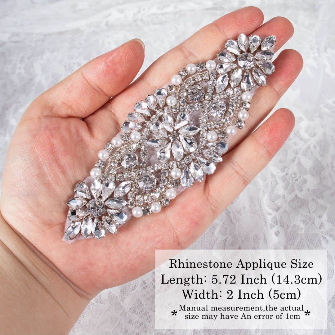 ShiDianYi Rhinestone and Pearl Beaded Applique for Bridal sash, Wedding Headband Wedding Belst Bridal Sash Silver Rhinestone Applique