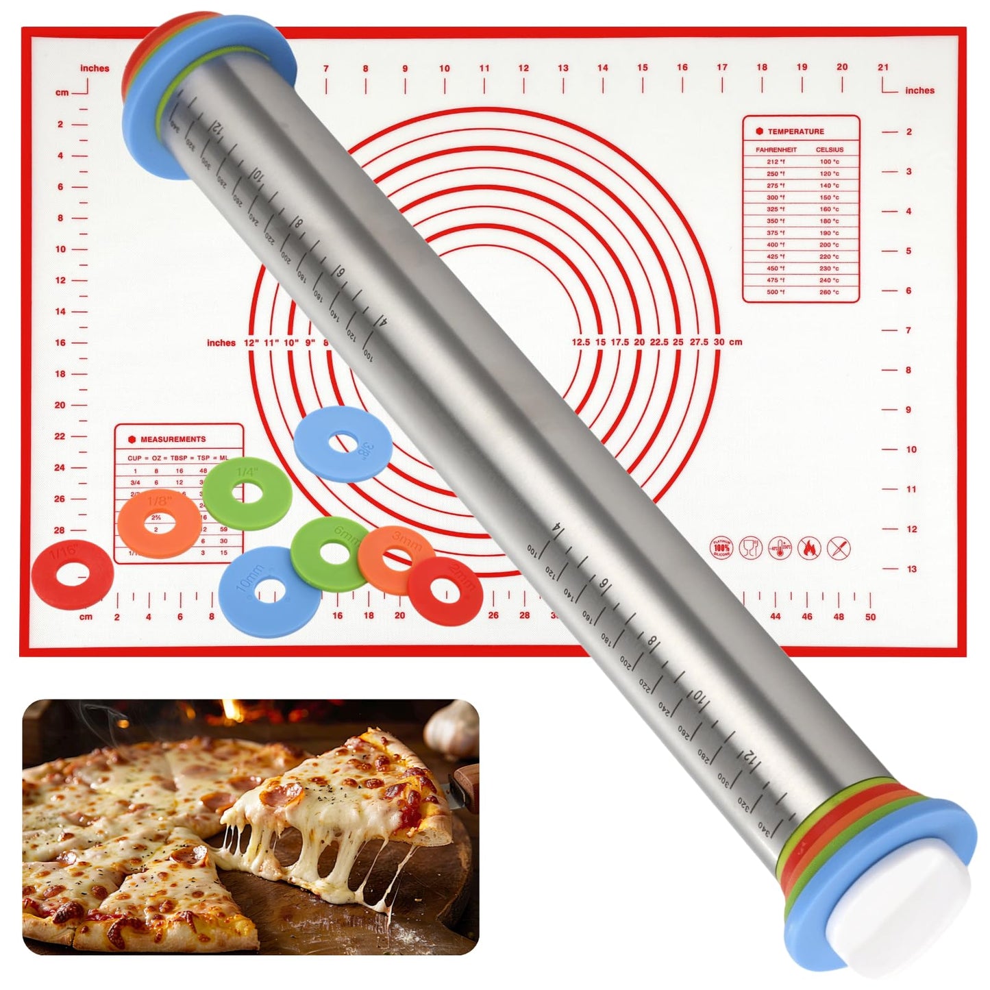 Rolling Pin and Pastry Baking Mat Set, Stainless Steel Dough Roller with Adjustable Thickness Rings & Clear Scale Markings, Ideal for Home Kitchen Baking Fondant, Pizza, Pie, Pastry, Pasta, Cookies
