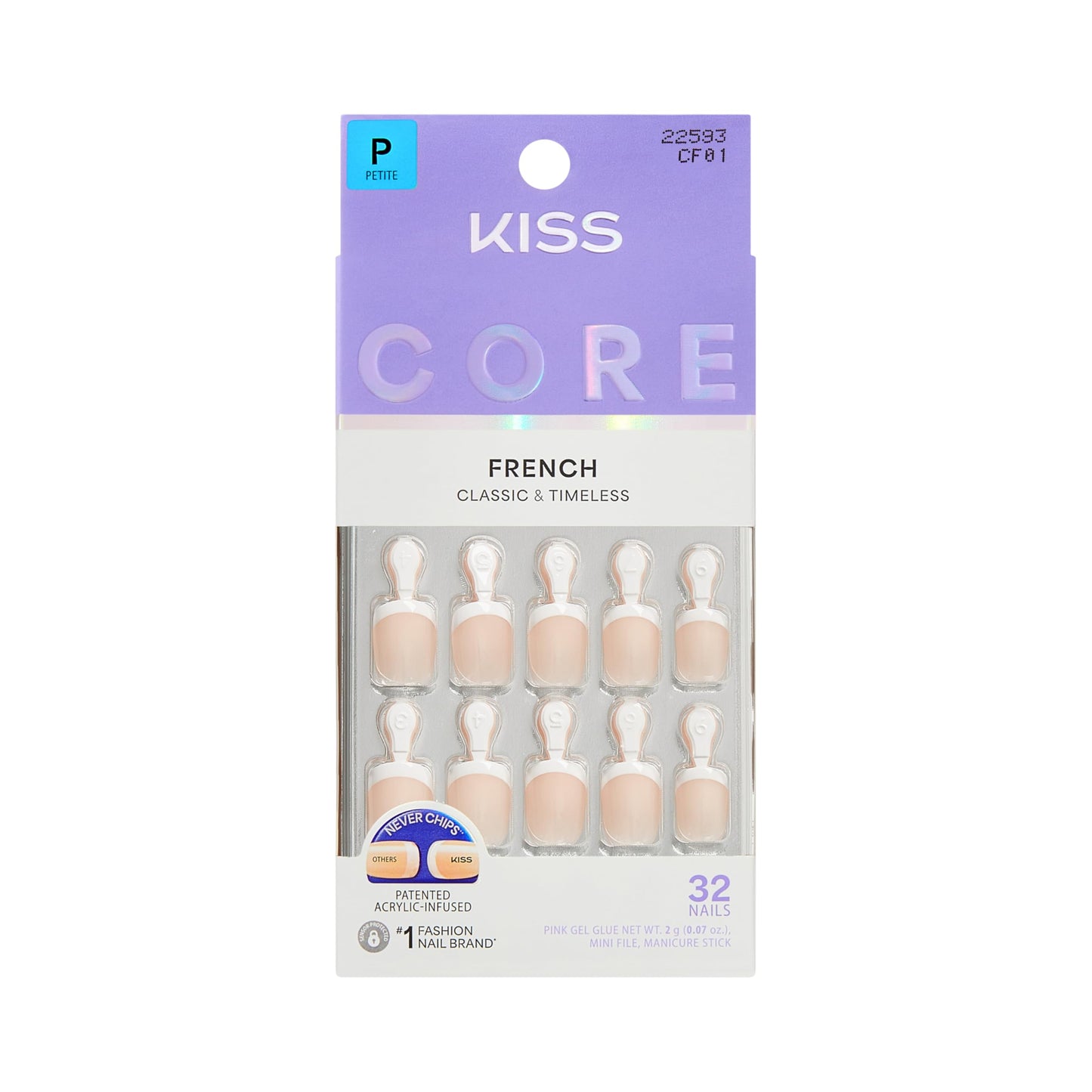 Kiss Core, Press On Nails, Nail glue included, 'Perfection', White, Petite Size, Squoval Shape, Includes 32 Nails, 2g Glue, 1 Manicure Stick, 1 Mini File