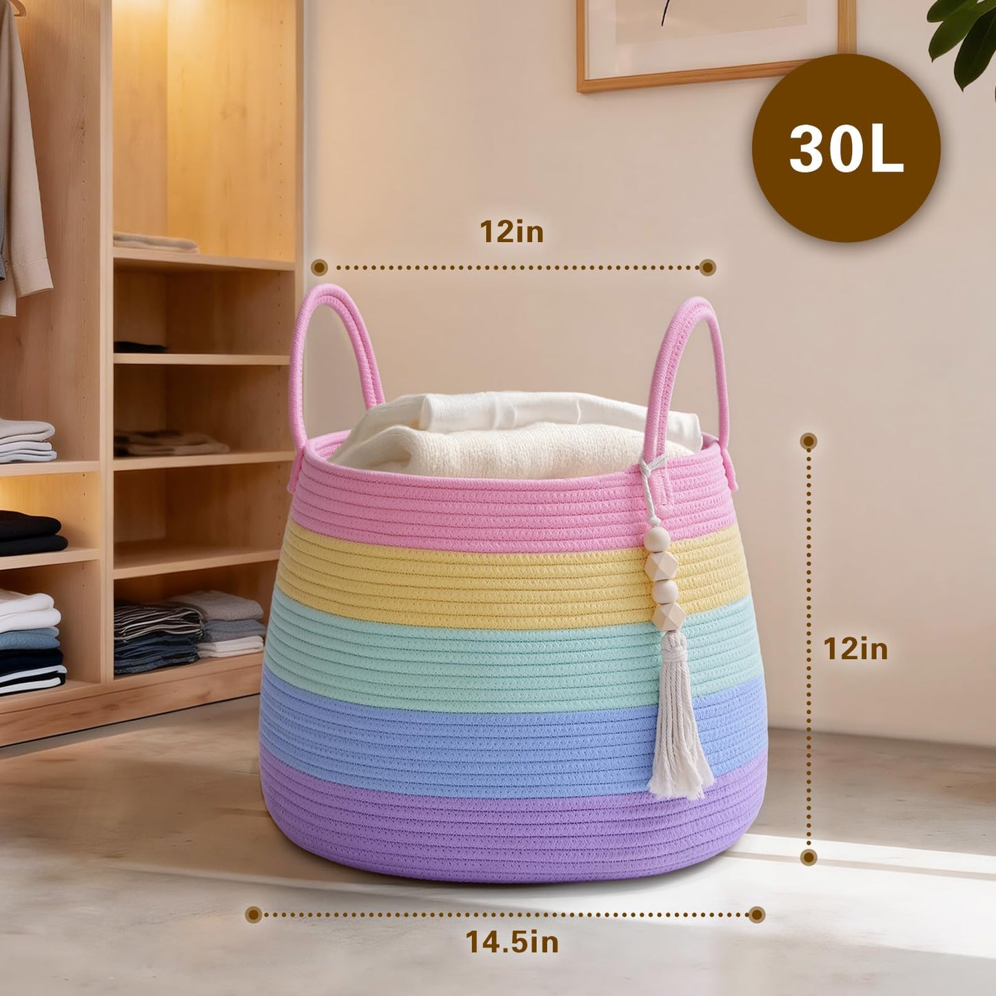 Degeyoyo Large Nursery Hamper, 30L Blanket Basket with Handle, Baby Laundry Basket for Gift, Toy, Clothes, Woven Storage Basket with Wooden Bead Decor, Baby Hamper for Nursery(Rainbow)