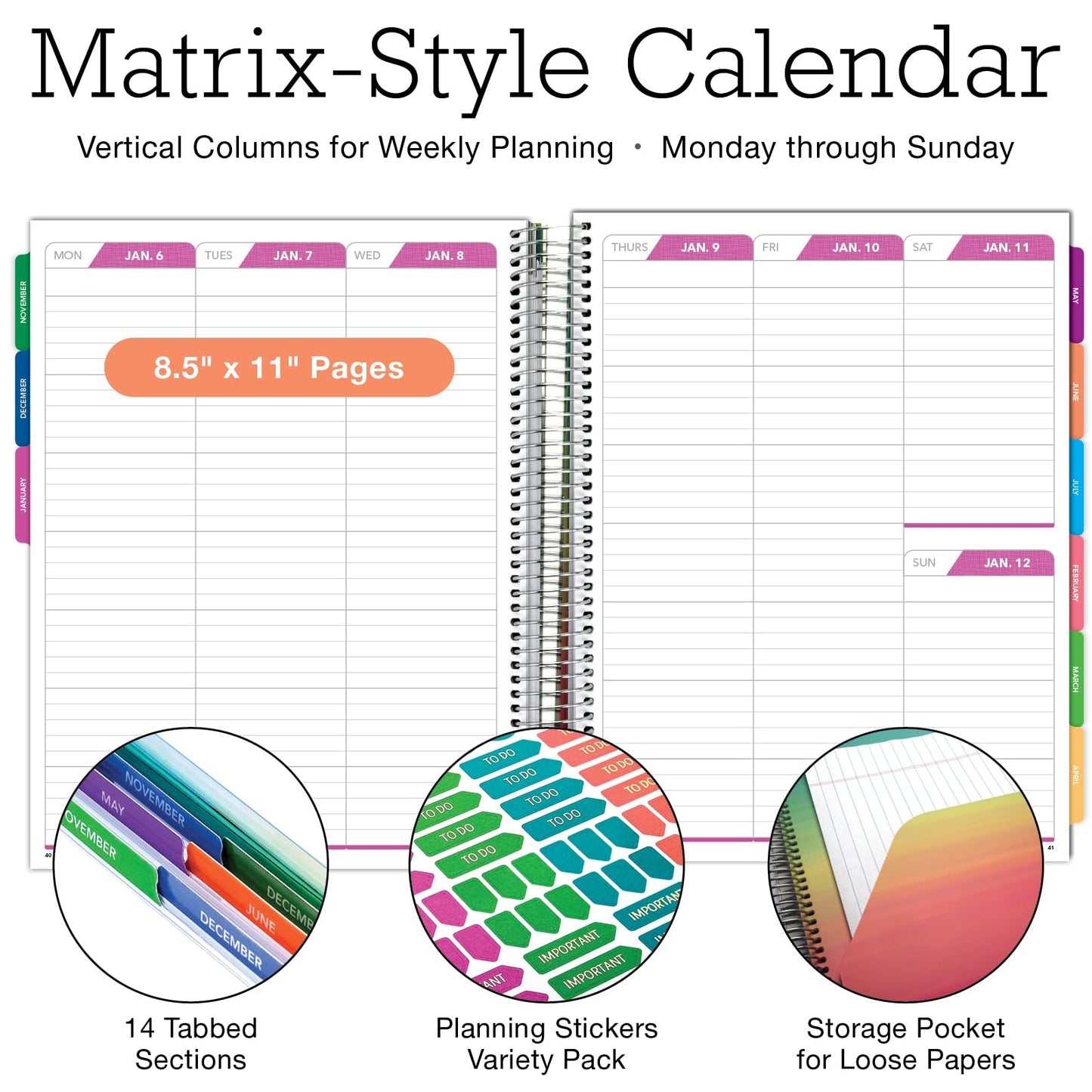 DELUXE 2025 Planner, 8.5"x11": 14 Months (November 2024 - December 2025), Includes Page Tabs, Bookmark, Planning Stickers, Pocket Folder Daily Weekly Monthly Planner Yearly Agenda (Colorful Marble)
