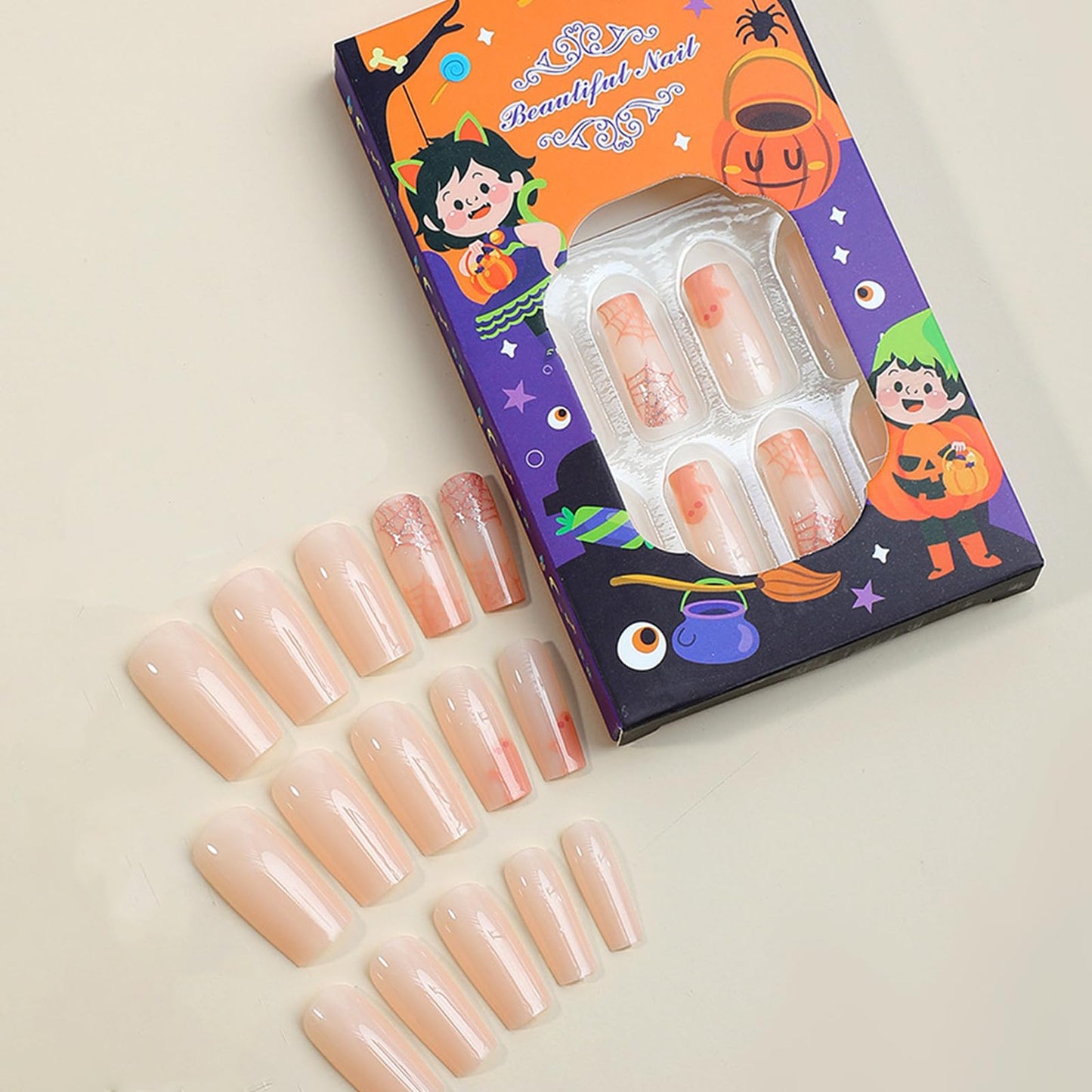 IMRAIN Halloween Press on Nails Long Square Fake Nails Nude Glossy Acrylic False Nails with Glitter Ghost Designs Full Cover Cute Glue on Nails for Women