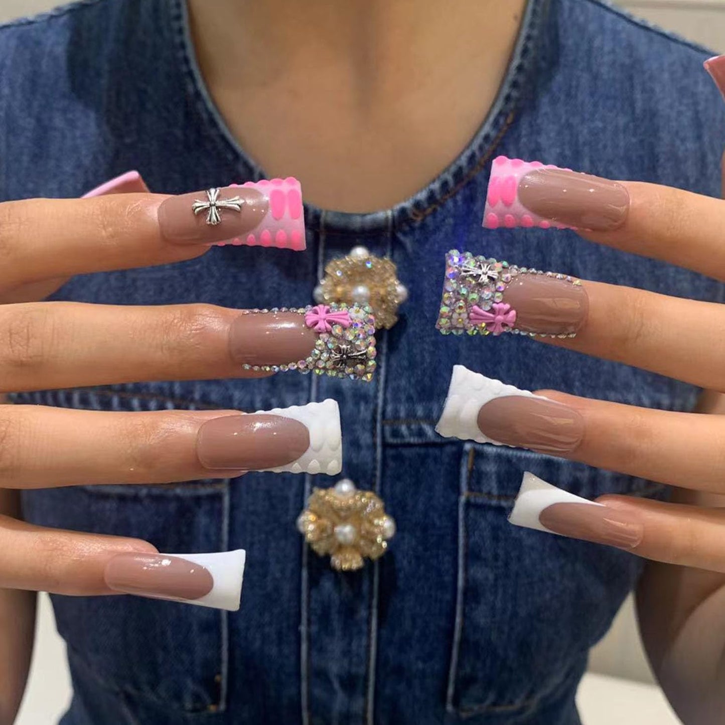 10PCS/SET Glamorous Handmade Press on nails Glitter Rhinestone Duck-Billed Party Nails Party Nails Artifical Tips