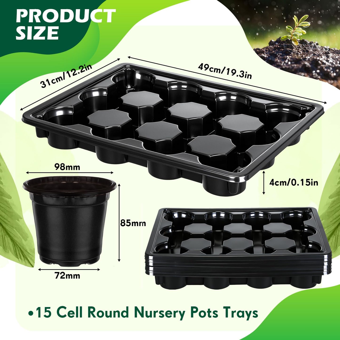 Lounsweer 6 Sets 4 Inch Plant Nursery Pots 72 Pcs and 12 Cell Plant Seed Starter Trays 6 Pcs, Sturdy Seeds Starting Germination Shuttle Carrying Trays, Small Planter Nursery Propagation(Black)
