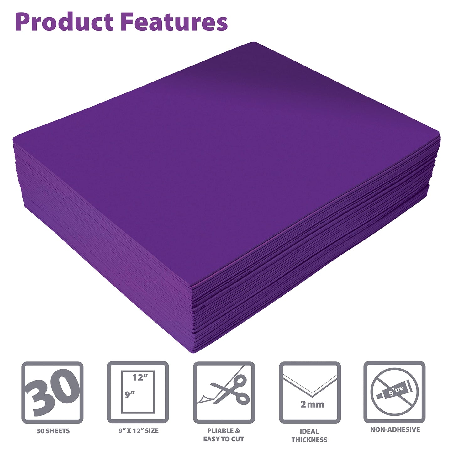 Better Office Products Purple EVA Foam Sheets, 30 Pack, 2mm Thick, 9 x 12 Inch, Purple Color, for Arts and Crafts, 30 Sheets Bulk Pack