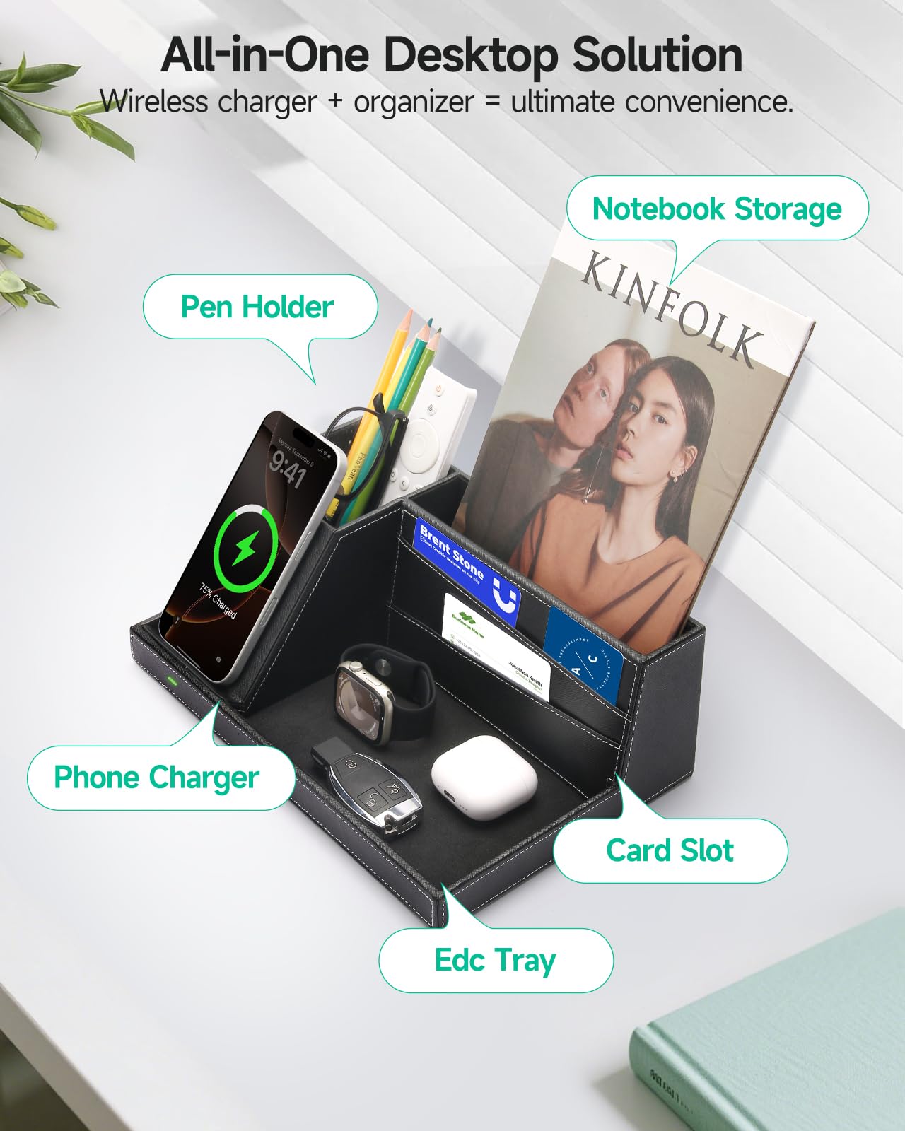Fast Wireless Charging Station with Desk Organizer for iPhone 17/16/15/15 Pro/14/14 Pro Max/14 Pro/14 Plus/13/13 Pro Max/13 Pro/and iPhone 12/11 Series, Nightstand Desktop Organizer for Home Office