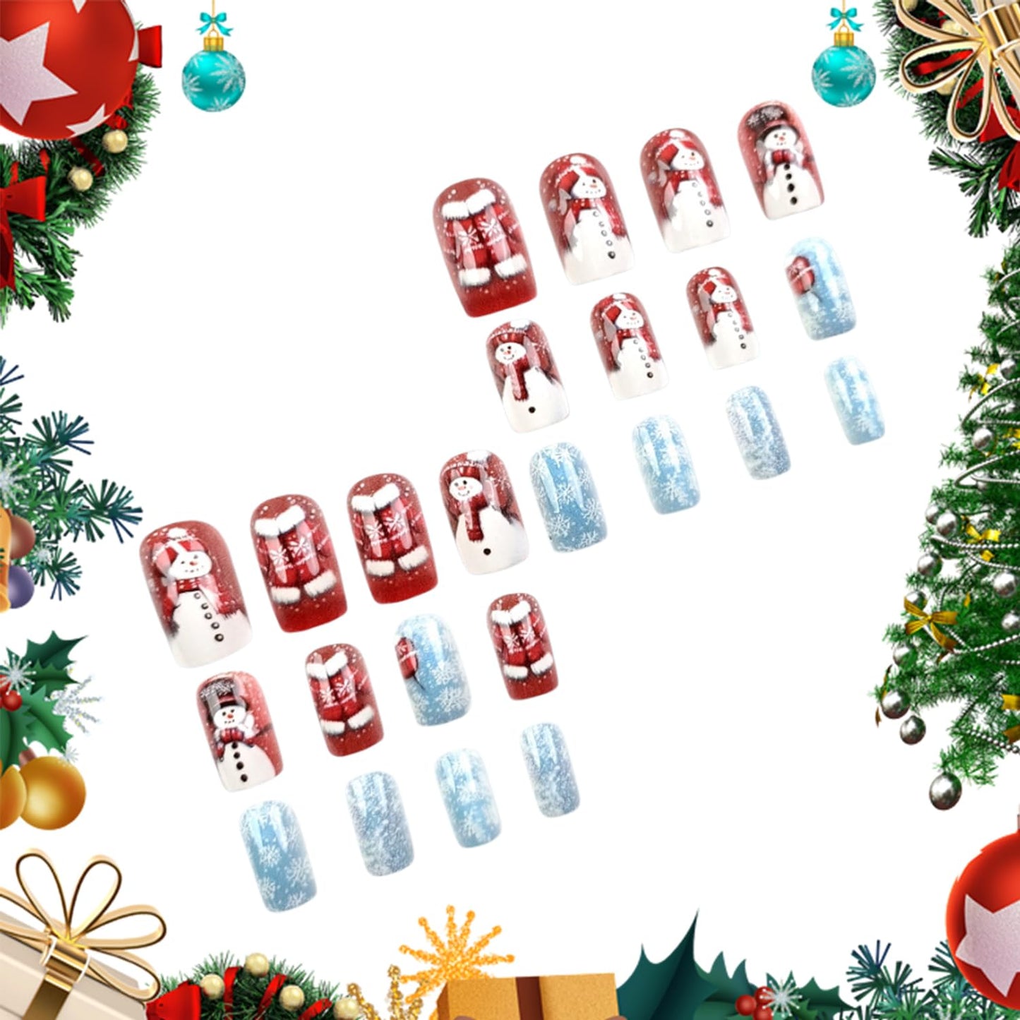 CJDLTS Winter Press on Nails Medium Square Artificial Acrylic False Nails Cute Snowman Snowflake with Glitter Stick on Nail Full Cover Christmas Artificial Fingernails for Women Festival Manicure
