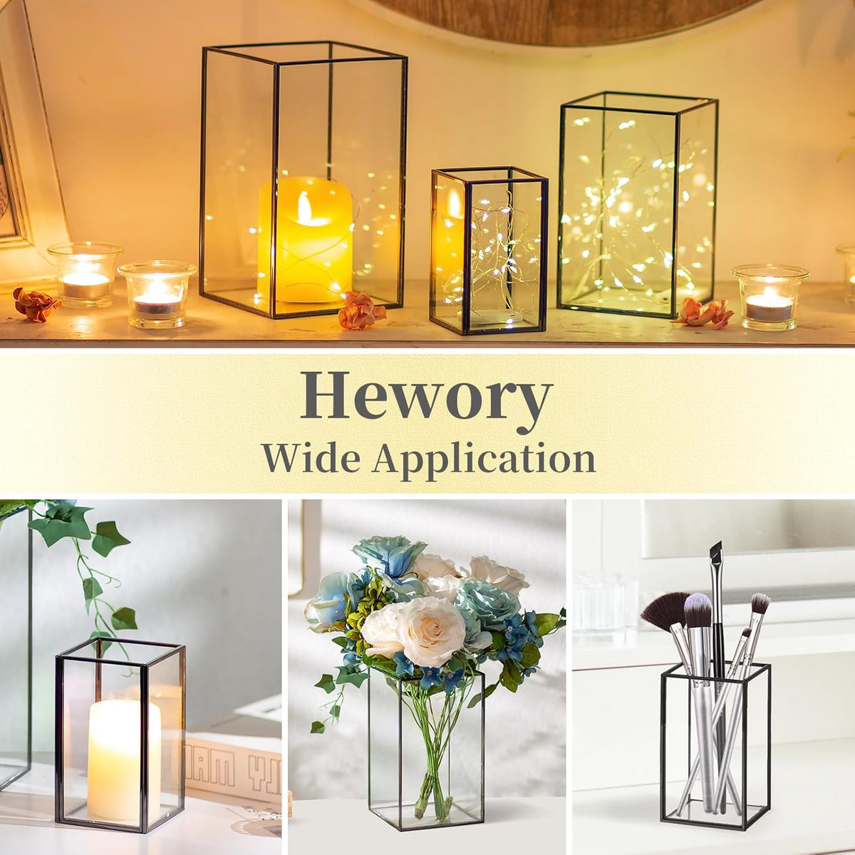 Glass Hurricane Candle Holder Large - Hewory 18pcs Black Rectangle Flower Holders Centerpiece for Table, Tall Floor Square Pillar Candle Lantern for Wedding, Anniversary, Party, Fireplace, Dining Room