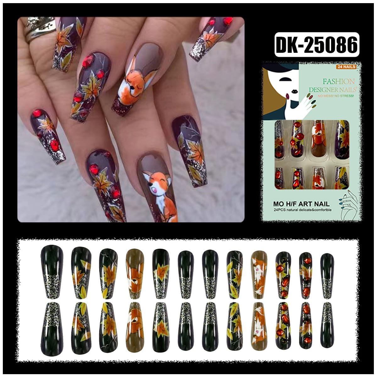 Fall Nails Maple Leaf Fox Press on Nail Long Coffin Fake Nail with Red Gem Rhinestones Designs Autumn False Nail Brown Artificial Glue on Nails Fall Leaves Acrylic Nail for Women DIY 24Pcs