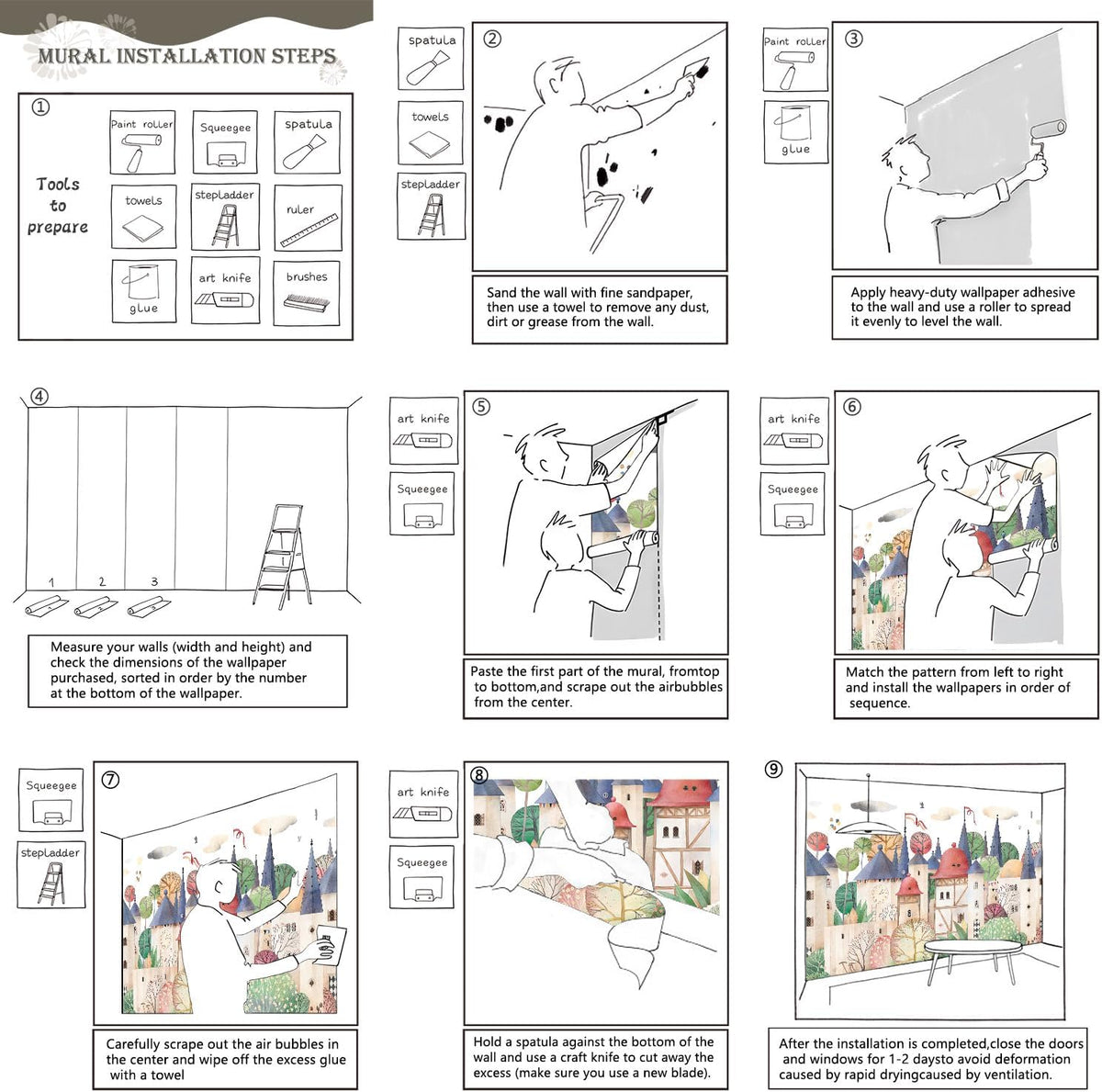 AFZEVEB-Cartoon Watercolor House Nursery Wallpaper Wall murals for Kids Room 136"x96" (Not Peel and Stick)