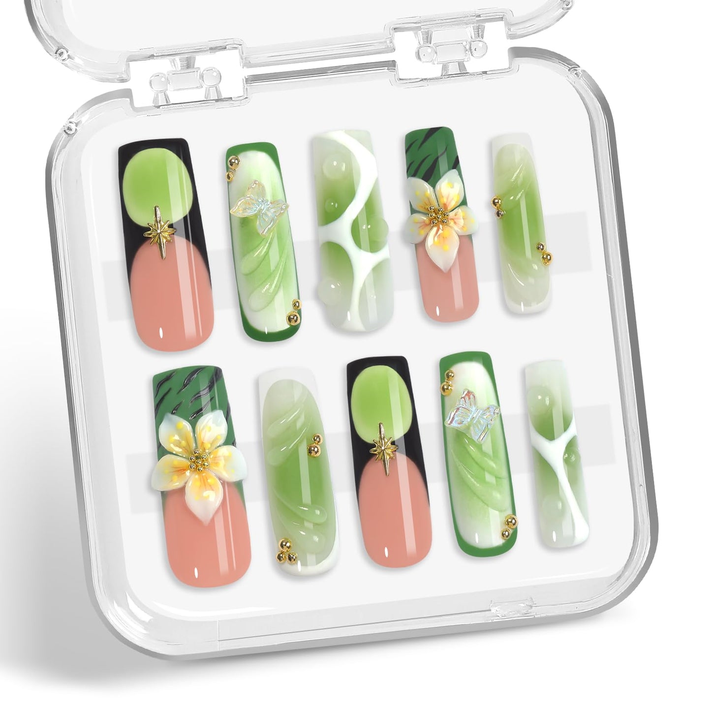XGV 10pcs Handmade Press on Nails Medium Long Square Nails, Glossy Nude Pink and Green Fake Nails with 3D Flower Reusable Nails Tips