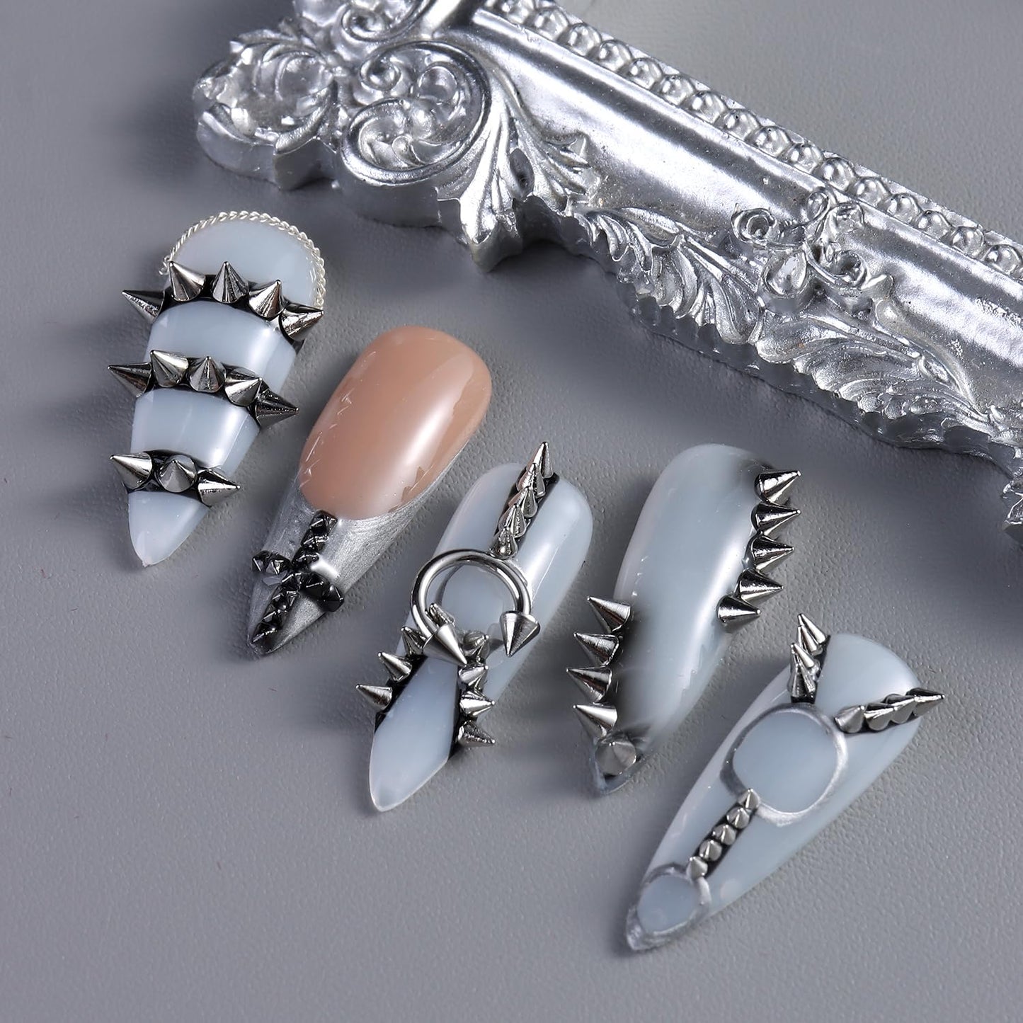 Furtherpretty Cone Spike Nail Charms Set, 3D Tiny Metal Square Pyramid Studs for Nails, Mixed Sizes Gold & Gunmetal Flat Back Punk Nail Charms, Gothic Y2K Rock Edgy DIY Manicure Decorations