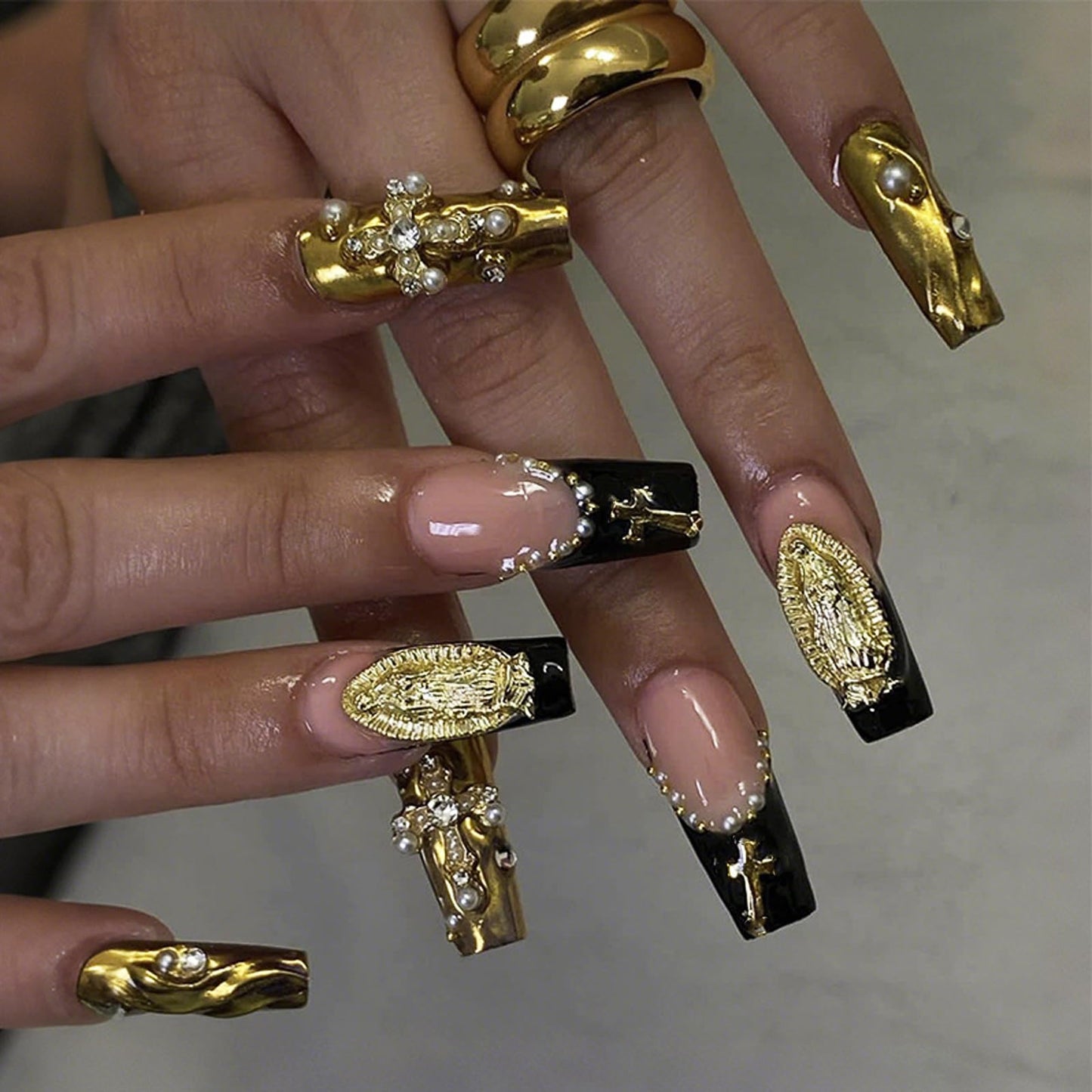 IMRAIN Press on Nails Long Square Fake Nails Black French Tips False Nails with Gold Chrome, Golden Charms Designs Full Cover Luxury Glossy Acrylic Glue on Nails