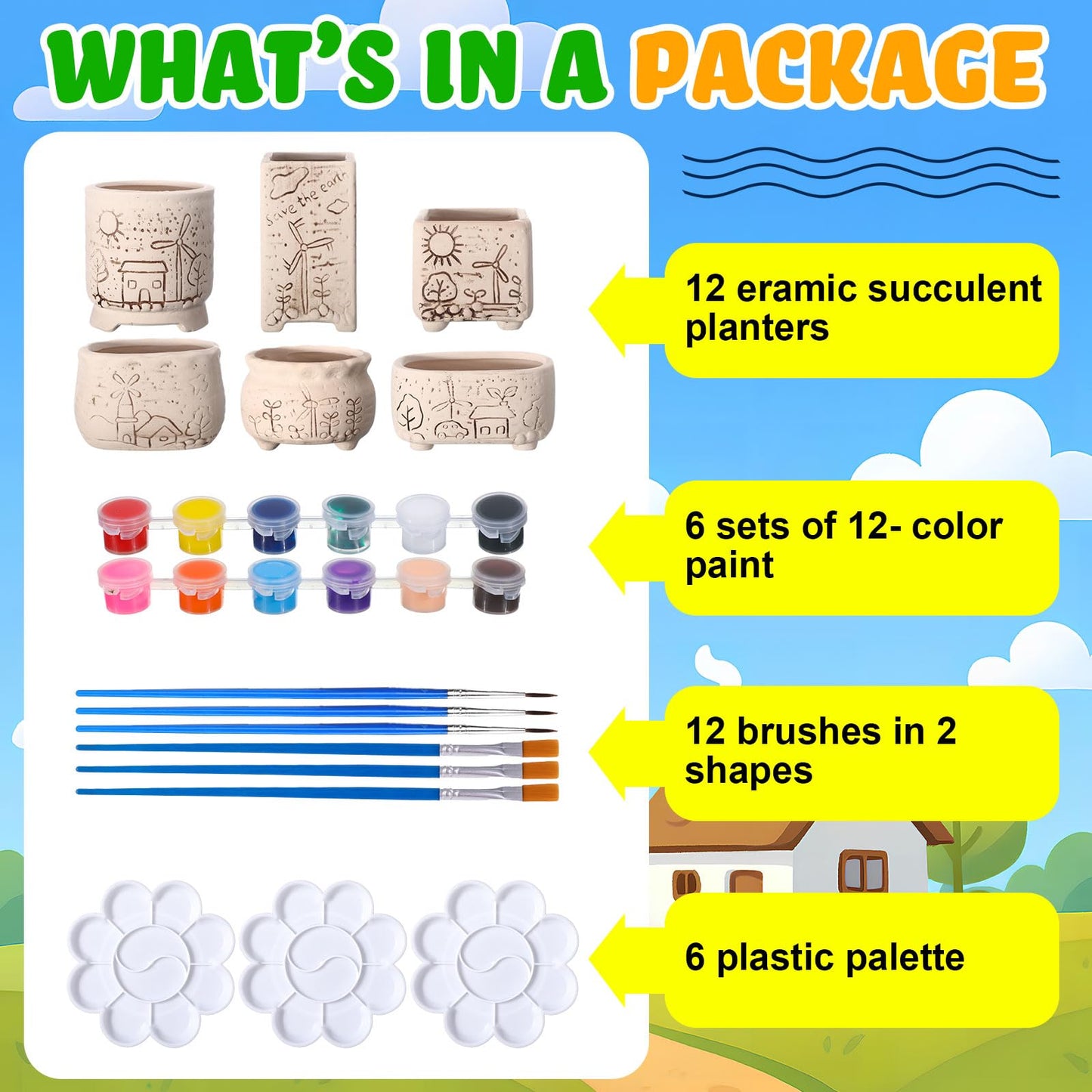 Hushee 12 Pcs Ceramic Succulent Planters White Ceramic Pots Paintable Succulent Plant Planters Containers Small DIY Figurines Unpainted Pots with Drainage Hole Paintbrushes Palettes(Windmill)