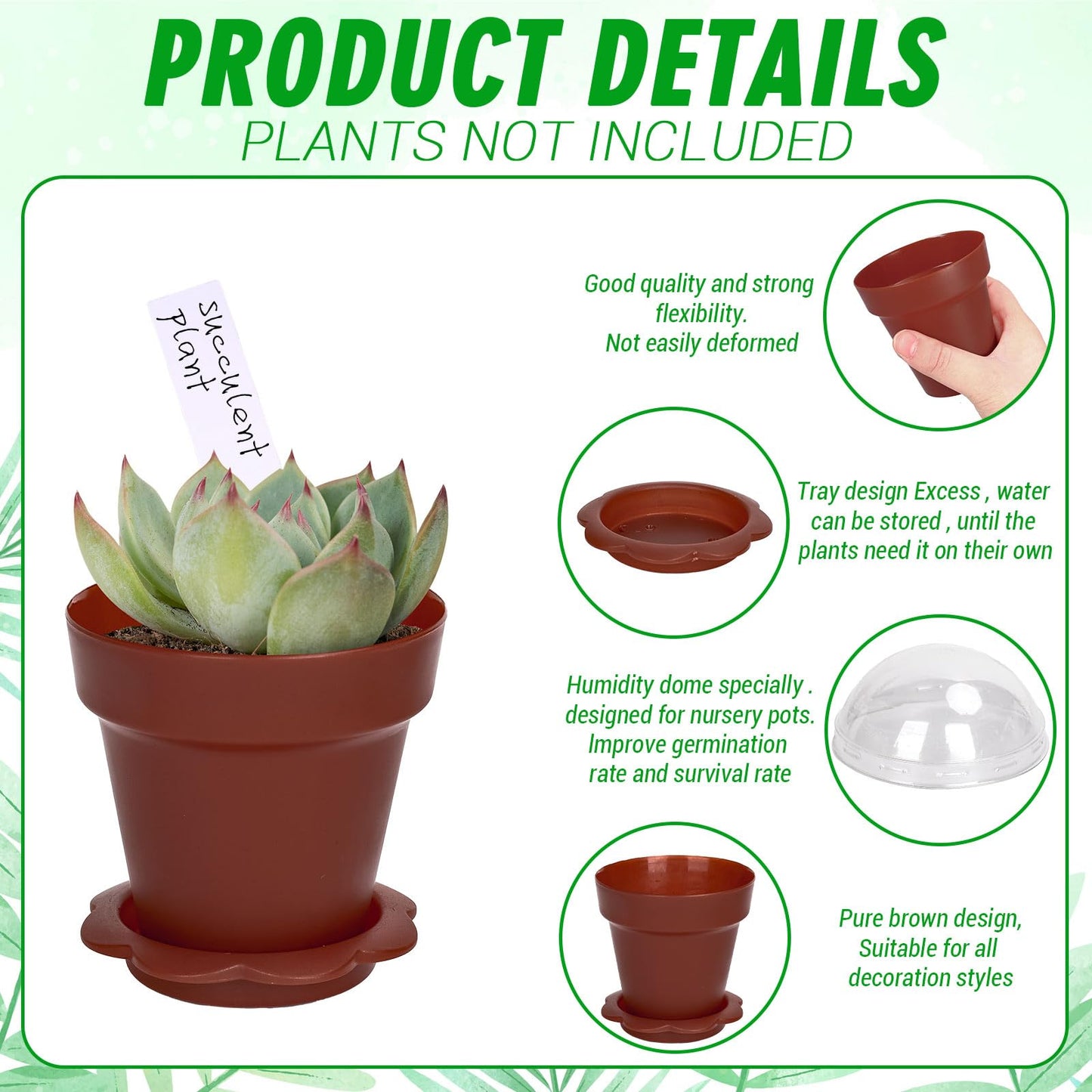 JarThenaAMCS 50 Set Cupcake Plant Nursery Pots with Humidity Dome Small Flower Pot Brown Plastic Gardening Container Cups with Saucers Shovel Plant Labels for Earth Day Seedling Plants Display