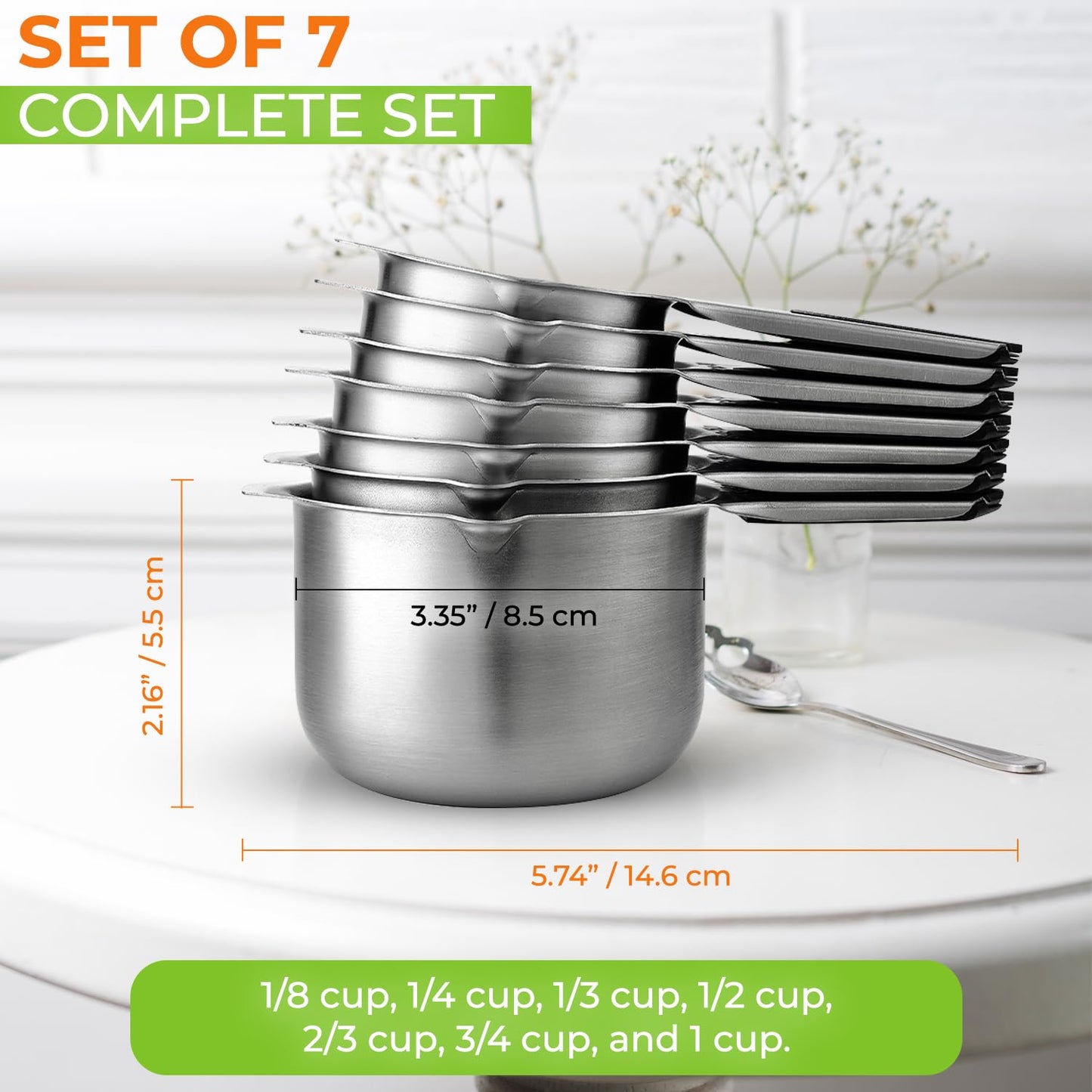 Spring Chef Magnetic Stainless Steel Measuring Cups, Patented, Kitchen Tools with Easy to Read Markings for Measuring Dry or Liquid Ingredients, Set of 7, Black