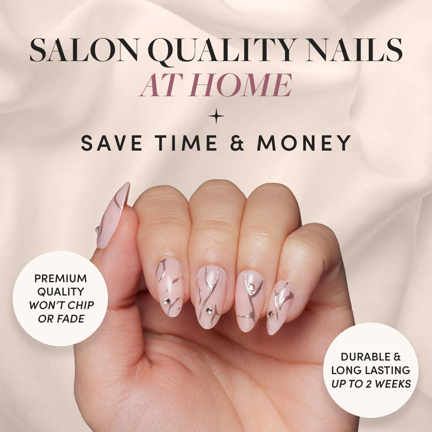 Glamnetic Press-On Nails - Astro | Super Strong Brush On Nail Glue & Nail Adhesive Tabs | Short Almond Fake Nails with 3D Metallic Silver Swirls | 15 Sizes - 30 Nail Kit with Glue & Nail Tabs