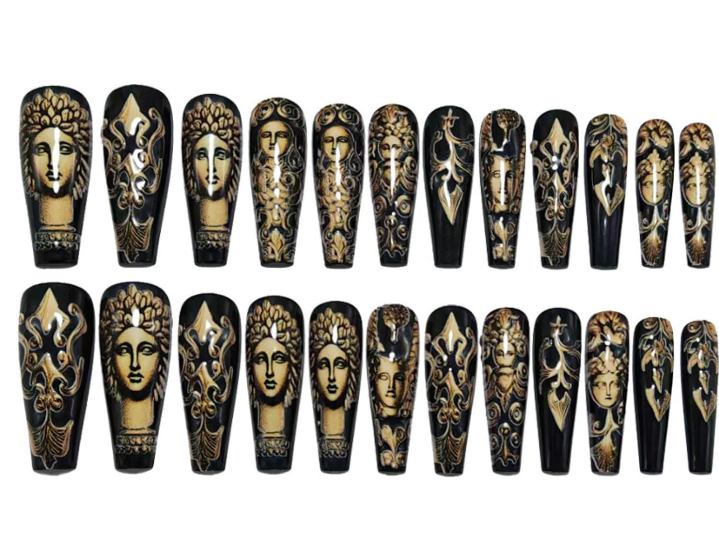Chunmeng 24PCS Acrylic False Nails, Medium Length With Retro God & Armor Pattern, Glossy Press on Nails Set for Women's Nail Art Decoration Lasting Shine False