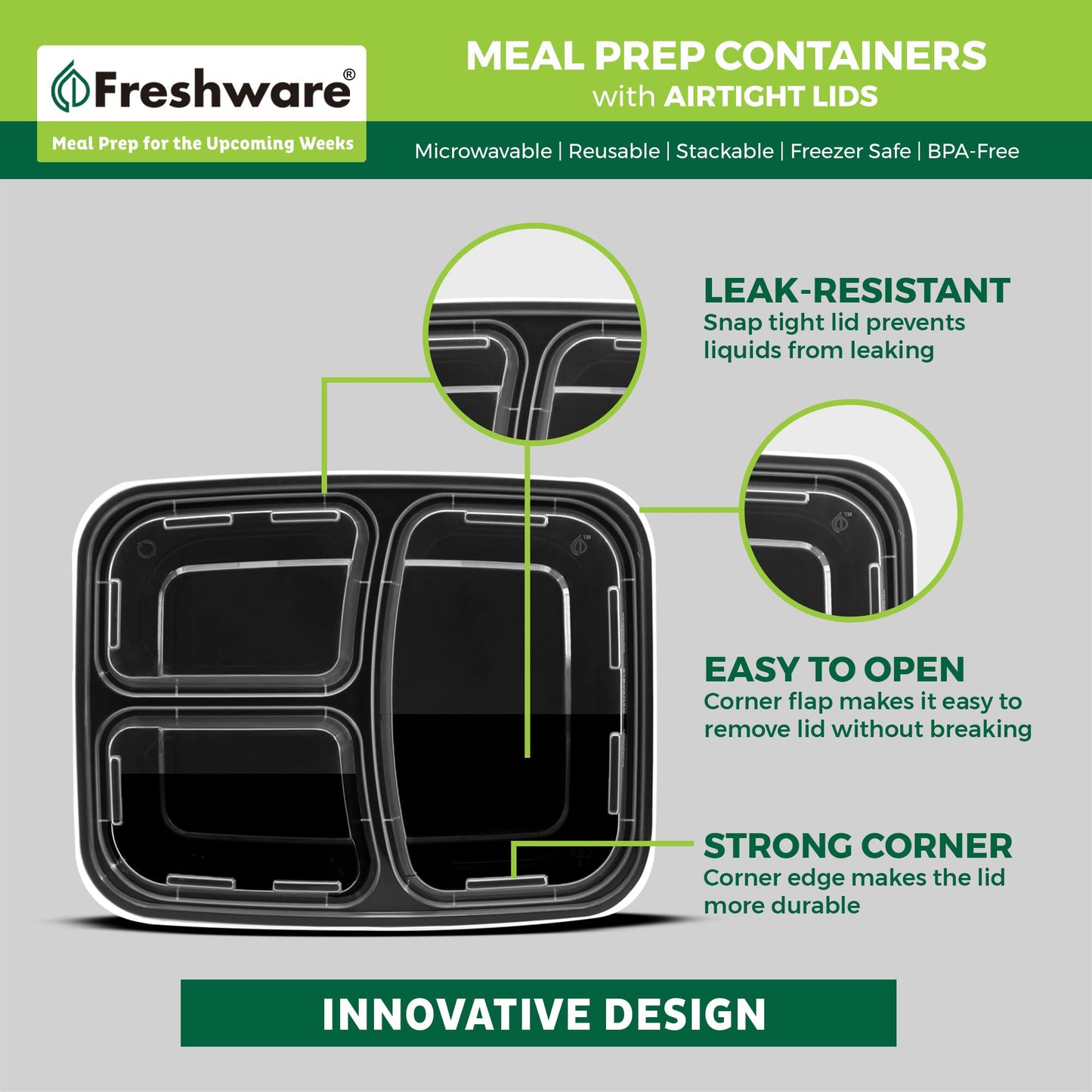 Freshware Meal Prep Containers [50 Pack] 3 Compartment Food Storage Containers with Lids, Bento Box, BPA Free, Stackable, Microwave/Dishwasher/Freezer Safe (24 oz)