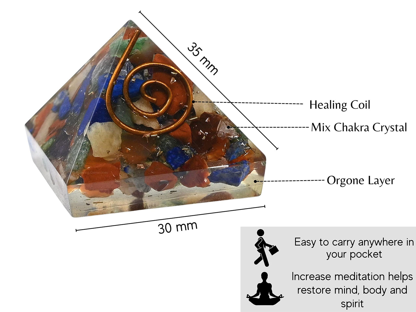 Amazing Gemstone 7 Chakra Orgone Pyramid - 30mm Small Orgonite Pyramids with Crystals and Healing Stones - Authentic Organite Gifts