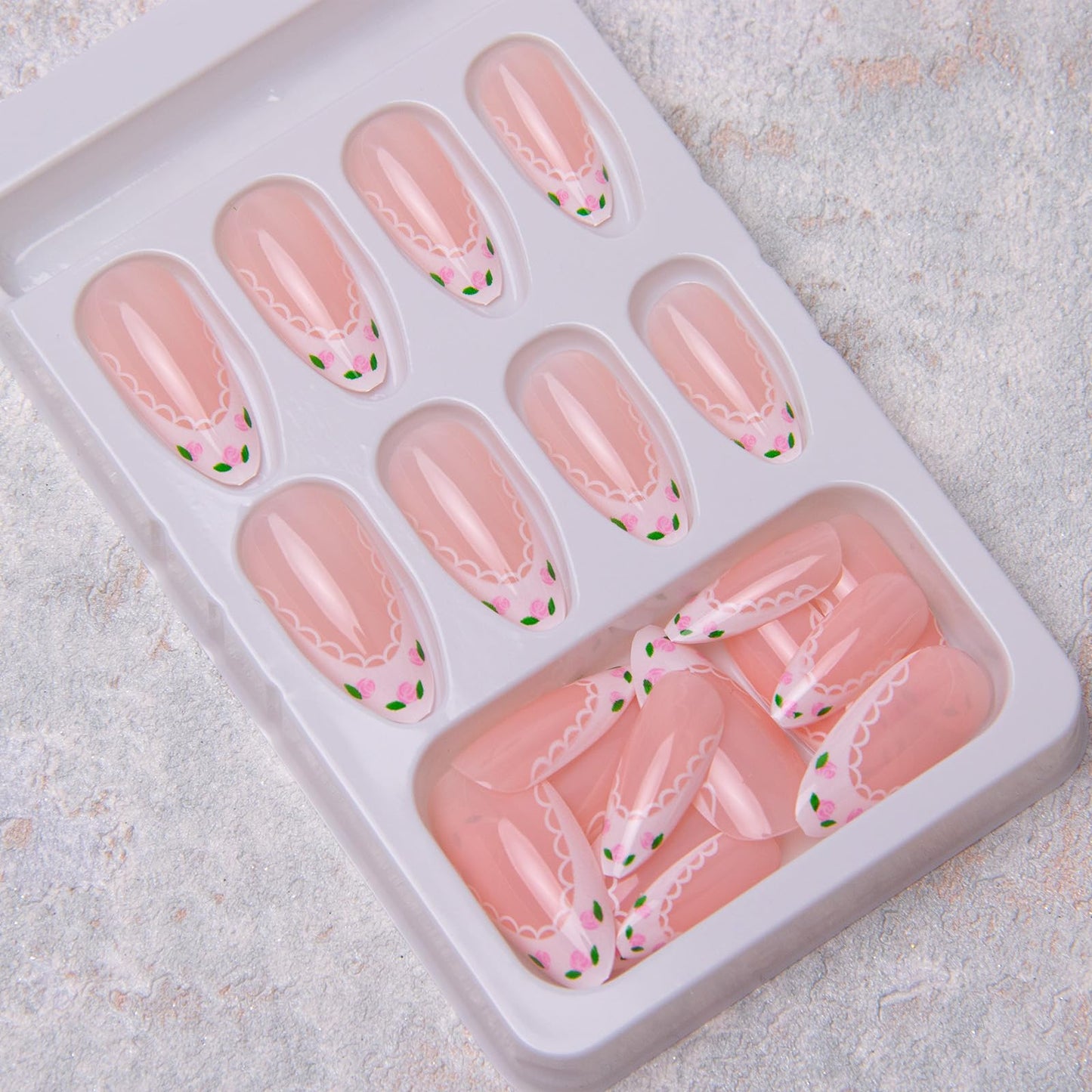 French Tip Press on Nails Medium Almond Fake Nails Flowers Acrylic Nails Lace False Nails Glossy Artificial Nails with Designs Glue on Nails for Women Girls Manicure Nails Decoration 24Pcs
