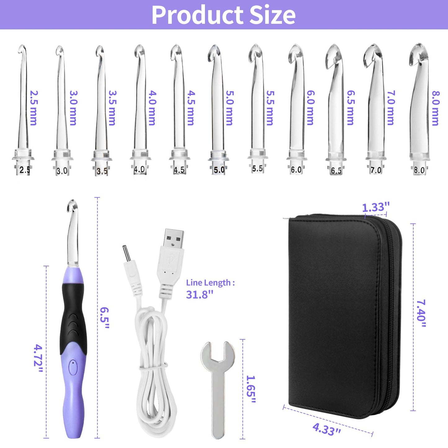 Light Up Crochet Hook Sets, 11 Sizes Interchangeable Lighted Crochet Hook Set, LED Rechargeable Crochet Hooks for Dark Yarn, Ergonomic Grip Crochet Kit for Beginners Crochet Needles Kit with Case