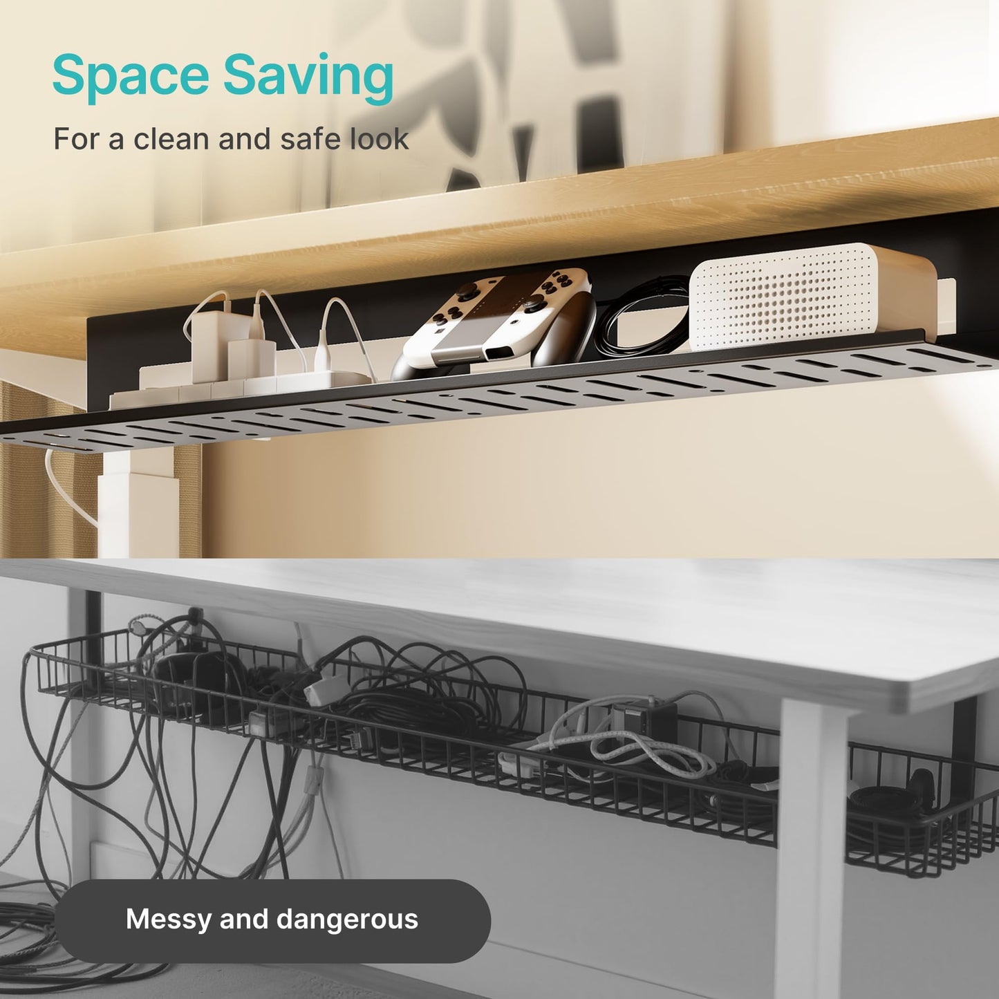PEGZONE Under Desk Cable Management Tray, 31.5 Inches Metal Cord Organizer Rack, Desk Tray for Power Strip, Cord, Wire, Easy Mounting Cable Management Under Table for Home Office, Black