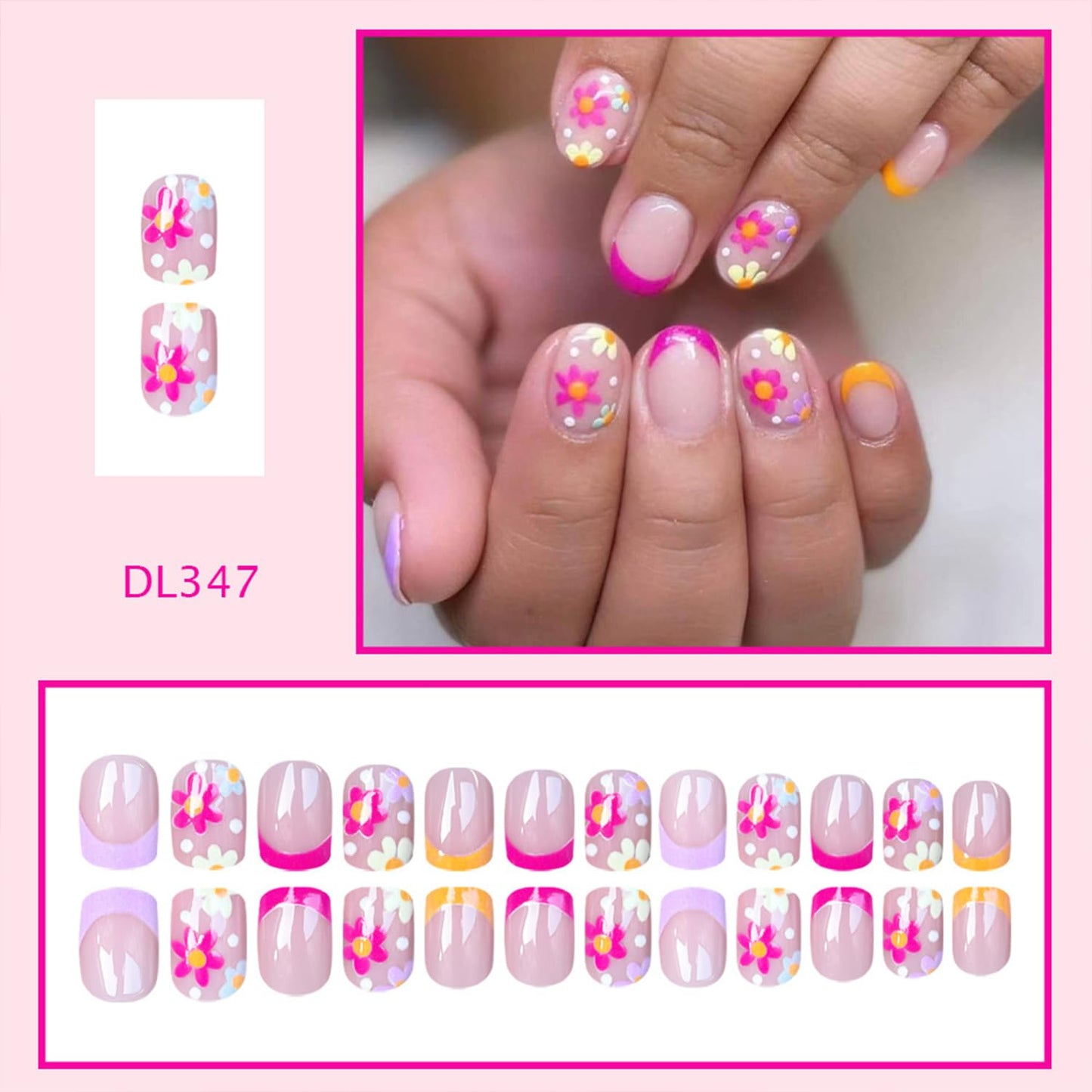 Short Press on Nails Oval Flower Fake Nails with Floral Designs French Tip Nails Press ons Rose Pink Spring Summer False Nails Glossy Full Cover Glue on Nails Artificial Stick on Nails for Women