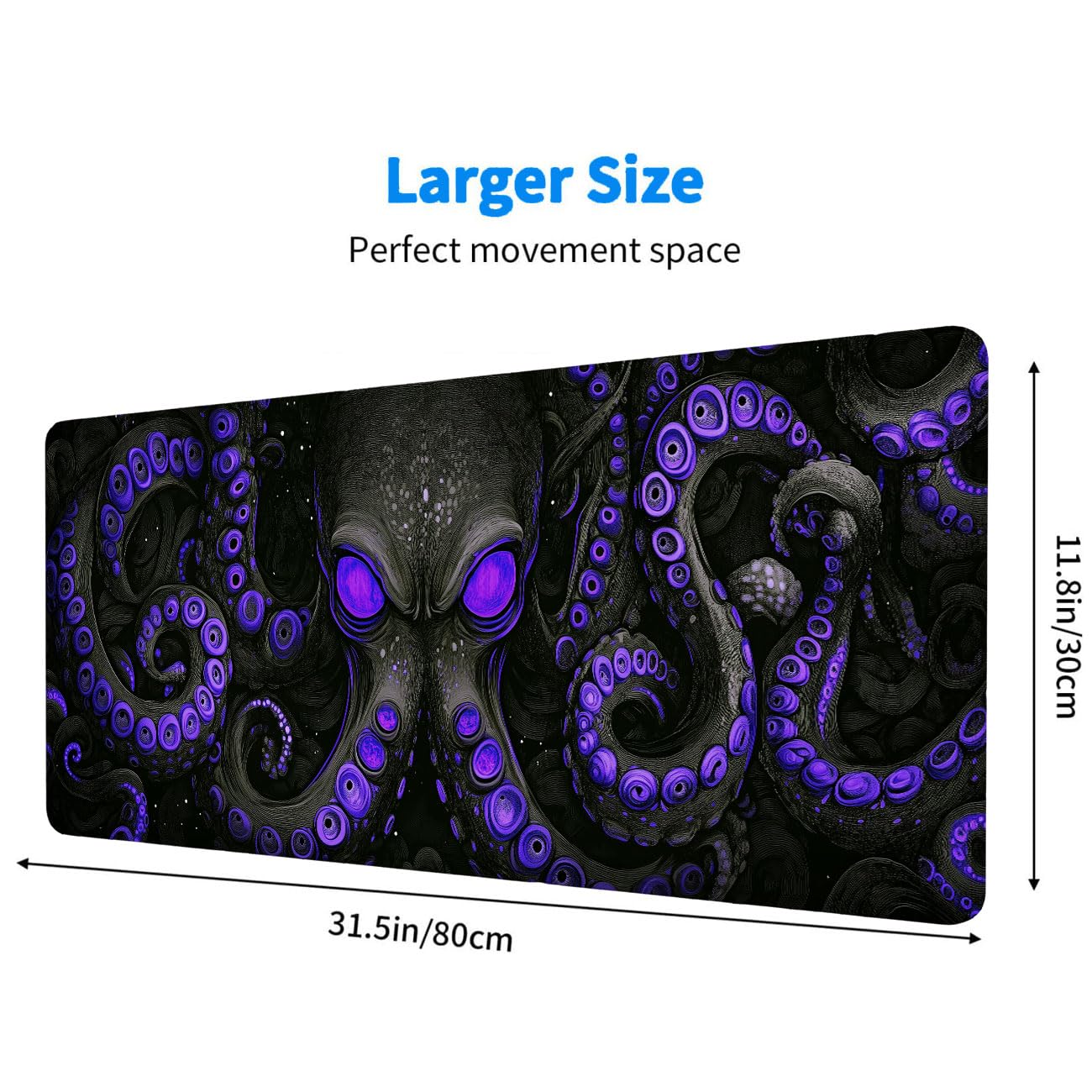 Octopus Gaming Mouse Pad, Black Purple Eye Monster Large Gaming Mouse Mat with Stitched Edges,Non-Slip Waterproof Rubber Base Mous Mat, XXL Extended Mouse Protector for Home Office, 31.5”x11.8”