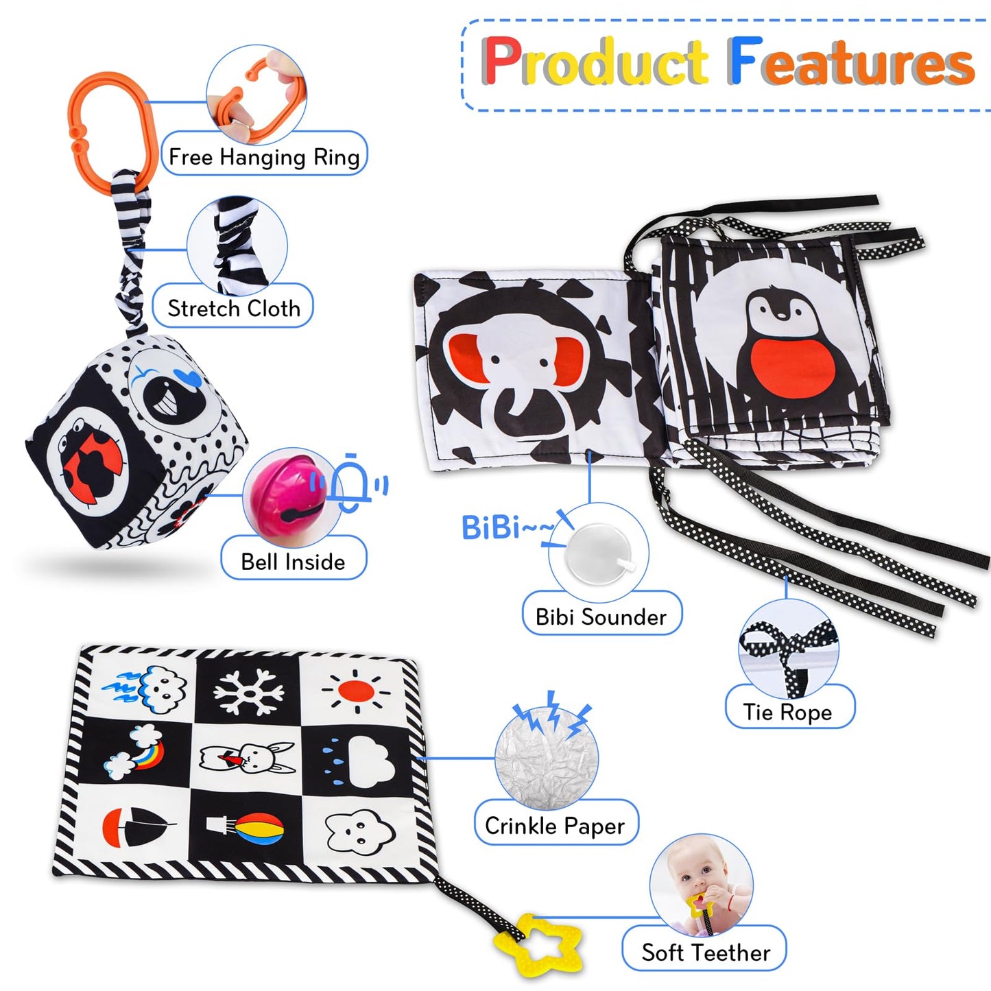 SAMMAS 3 Pcs Black and White High Contrast Baby Toys 0-6 Months for Newborn, Babies Sensory Soft Book for Early Education, Infant Tummy Time Cloth Book, Montessori Toys for Babies