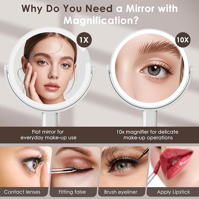 Makeup Mirror with Lights, Lighted Makeup Mirror 1x/10X Magnifying Mirror, Rechargeable 3 Color Lights & Adjustable Brightness LED Vanity Mirror, 360° Rotation Detachable Travel Make Up (White)