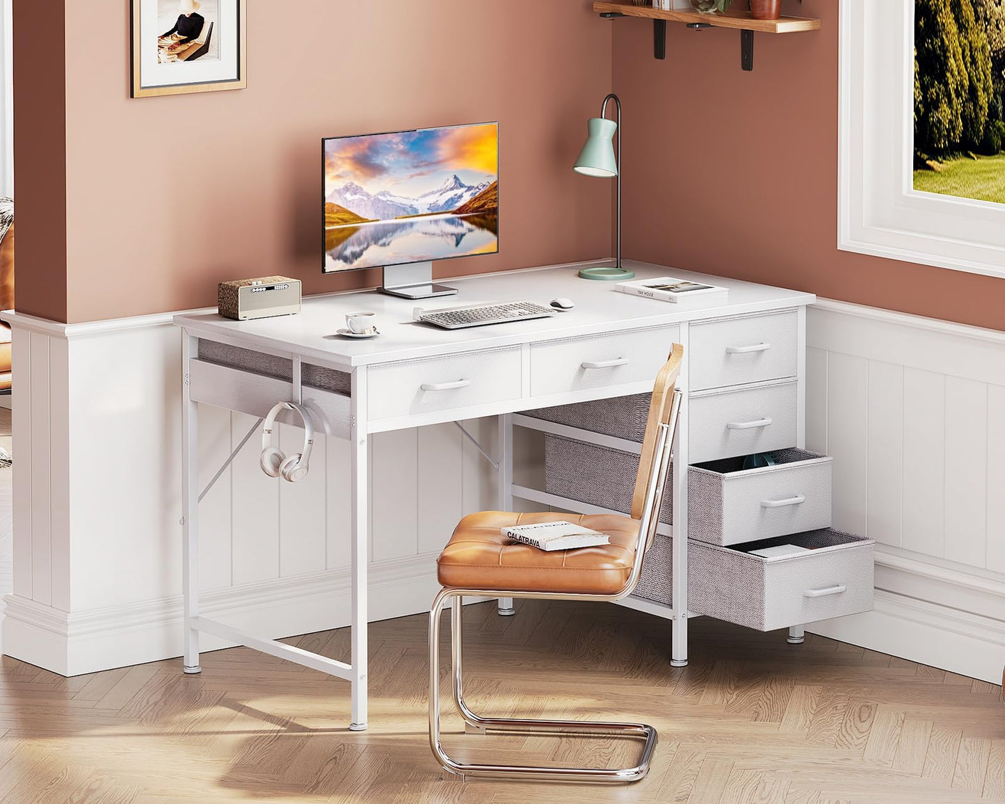 Casaottima 40 Inch Small Computer Desk with 6 Drawers, Reversible Storage Desk for Home Office, Work Study Table for Bedroom, White