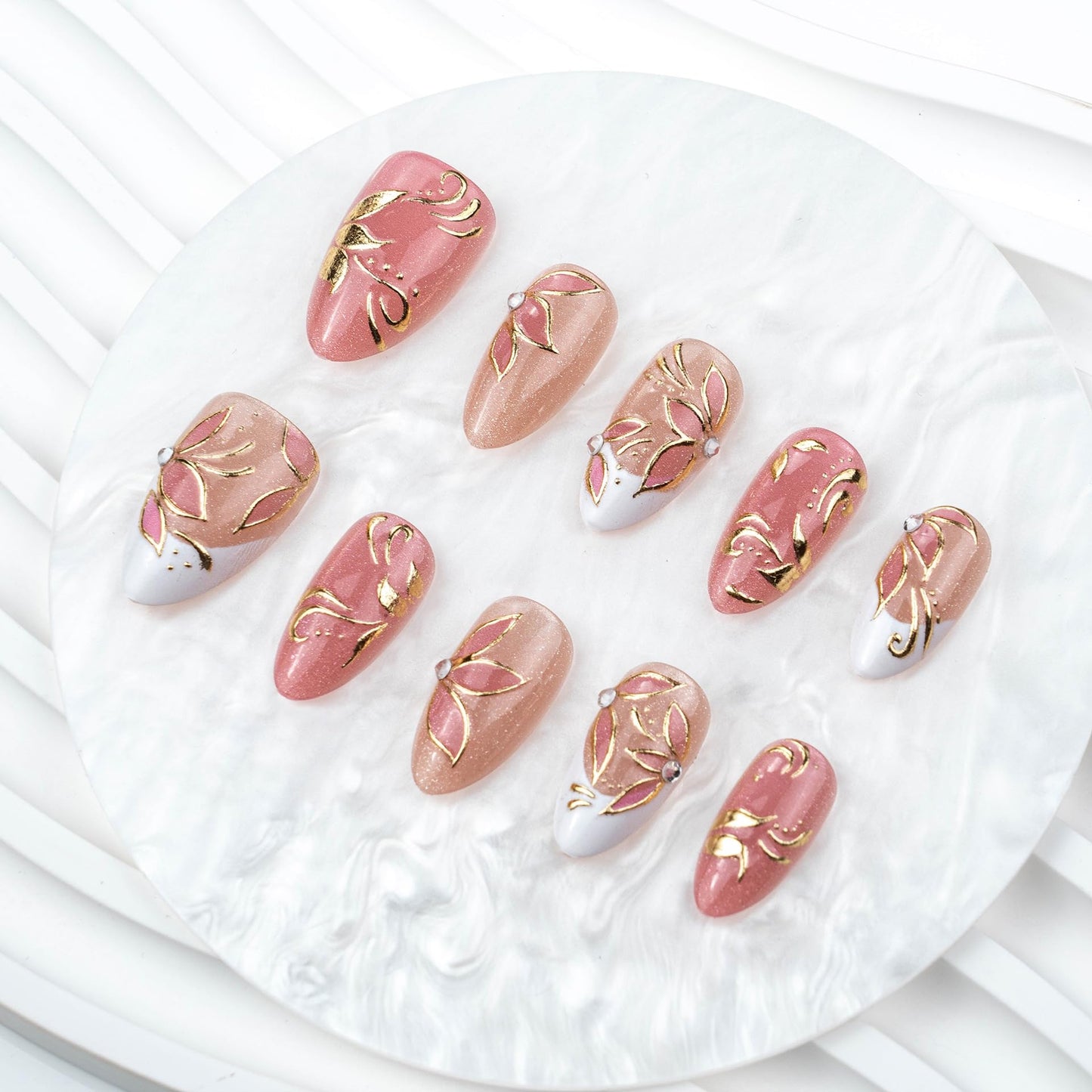 plalely Long Press on Nails Almond, Acrylic Press on Nails with Flower Designs, Long Almond Nail Tips for Women 24pcs