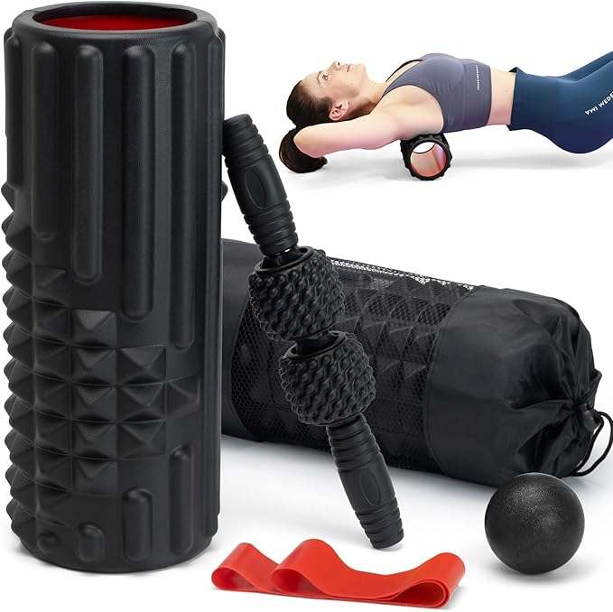 5 in 1 Foam Roller Set, Trigger Point Back Roller, Muscle Roller Stick, Massage Ball, Massage Roller, Resistance Band for Deep Tissue Massage Fitness Exercise Yoga Pilates(Black)