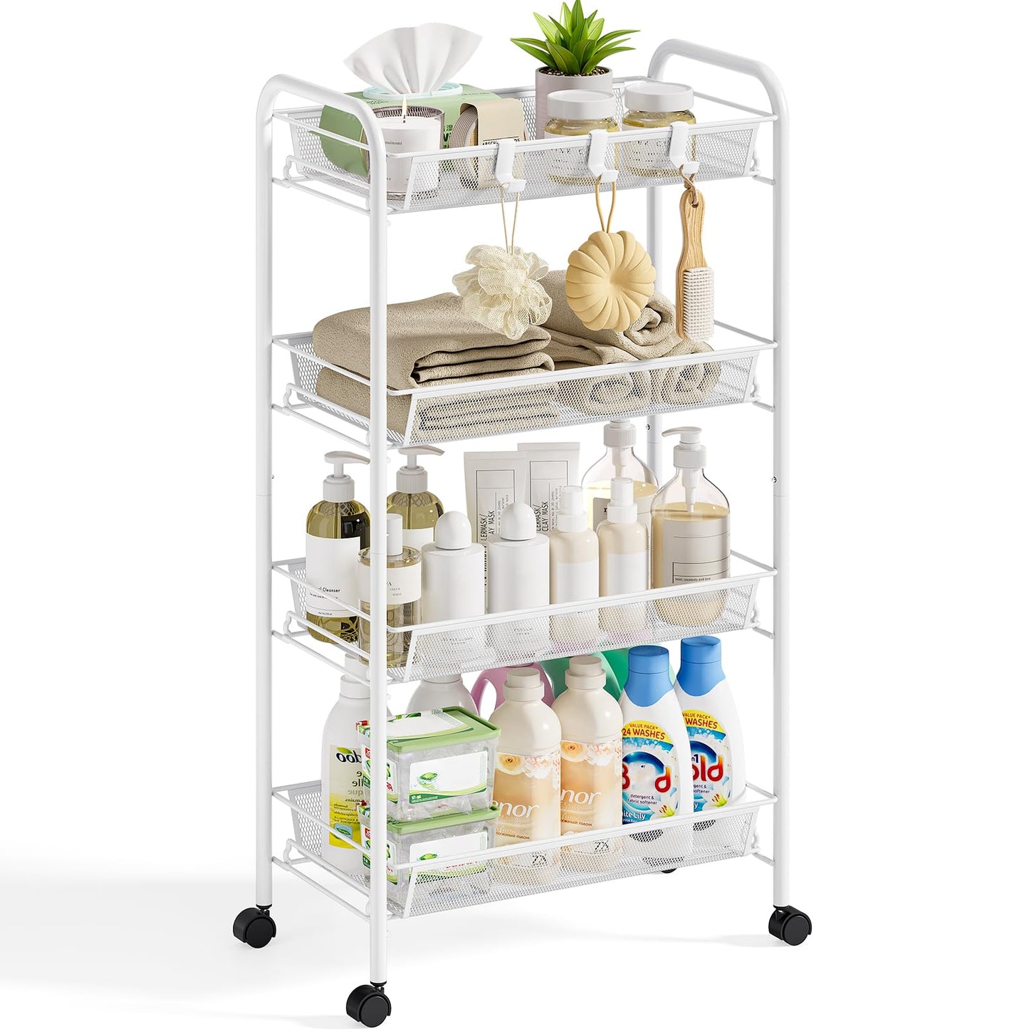 SYKIARIOL 4-Tier Metal Utility Cart, Mesh Wire Rolling Cart on Wheel, Storage Trolley with Easy Assembly, Organizer Craft Cart 3 Hooks, Mobile Shelving Unit for Bathroom, Laundry Room, Home