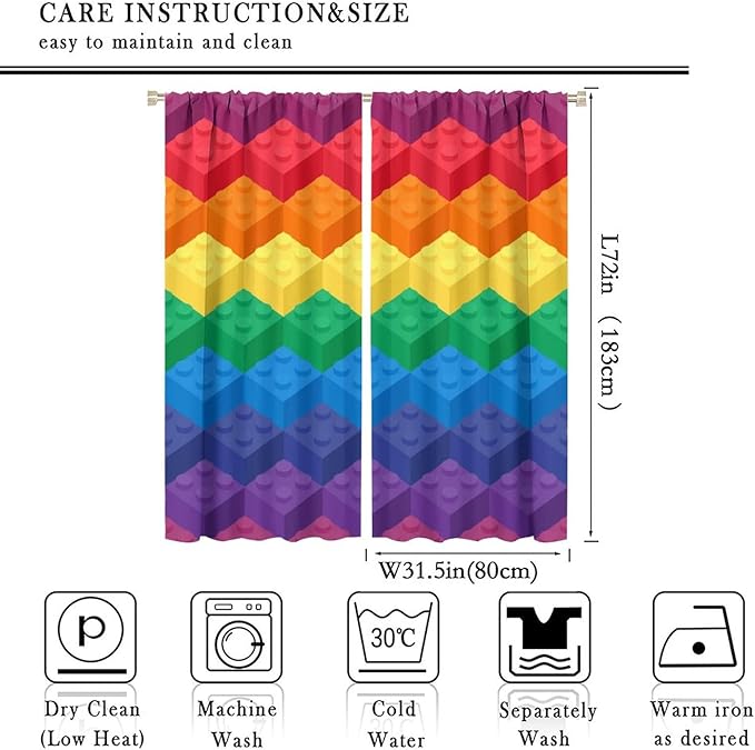 Colorful Building Blocks Cartoon Toy Printed Curtains, Bedroom, Living Room, Architecture, Curtains, Fun Brick 3D Design Curtains, Children's Living Room, Window Treatment Panels 2 Panels 63x72in