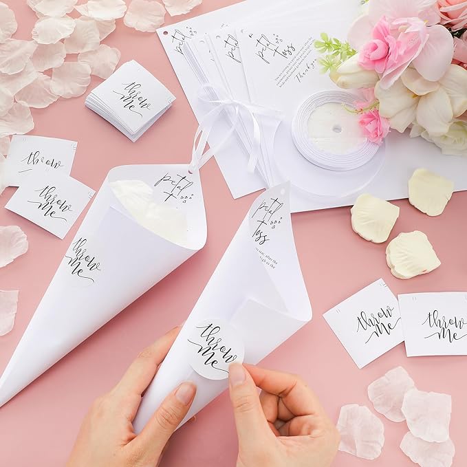 Wedding Petal Cones Kit 50 Sheets Cardstock 2000 Cream Fake Petals 50 'throw Me' Stickers 2 Rolls White Ribbon for Bridal Shower Wedding Favor Celebration Toss