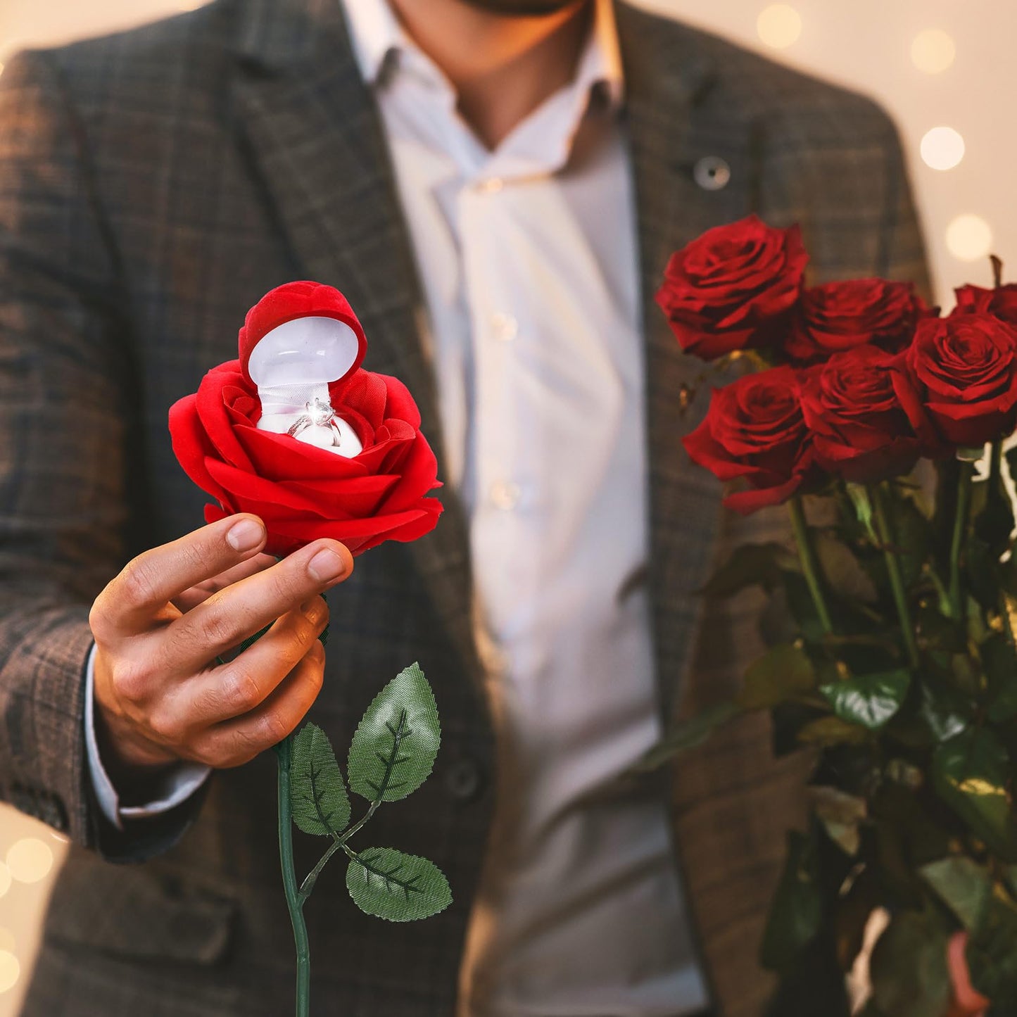 CroBlissful Noble Red Rose Ring Box Jewelry Box Case Engagement Ring Box with Stem for Wedding Proposal(Classic Style)