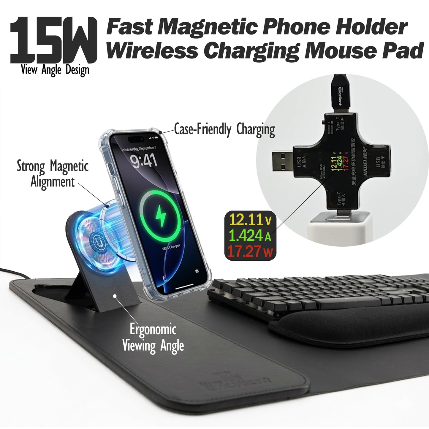 15W Fast Charging Desk Mouse Pad,View Angle Ergonomic Foldable Magnetic Phone Charger,35.4x15.7in PU Leather Large Wireless Charging Desk Mat with Keyboard & Mouse Wrist Rest for Gaming,Office,Mac
