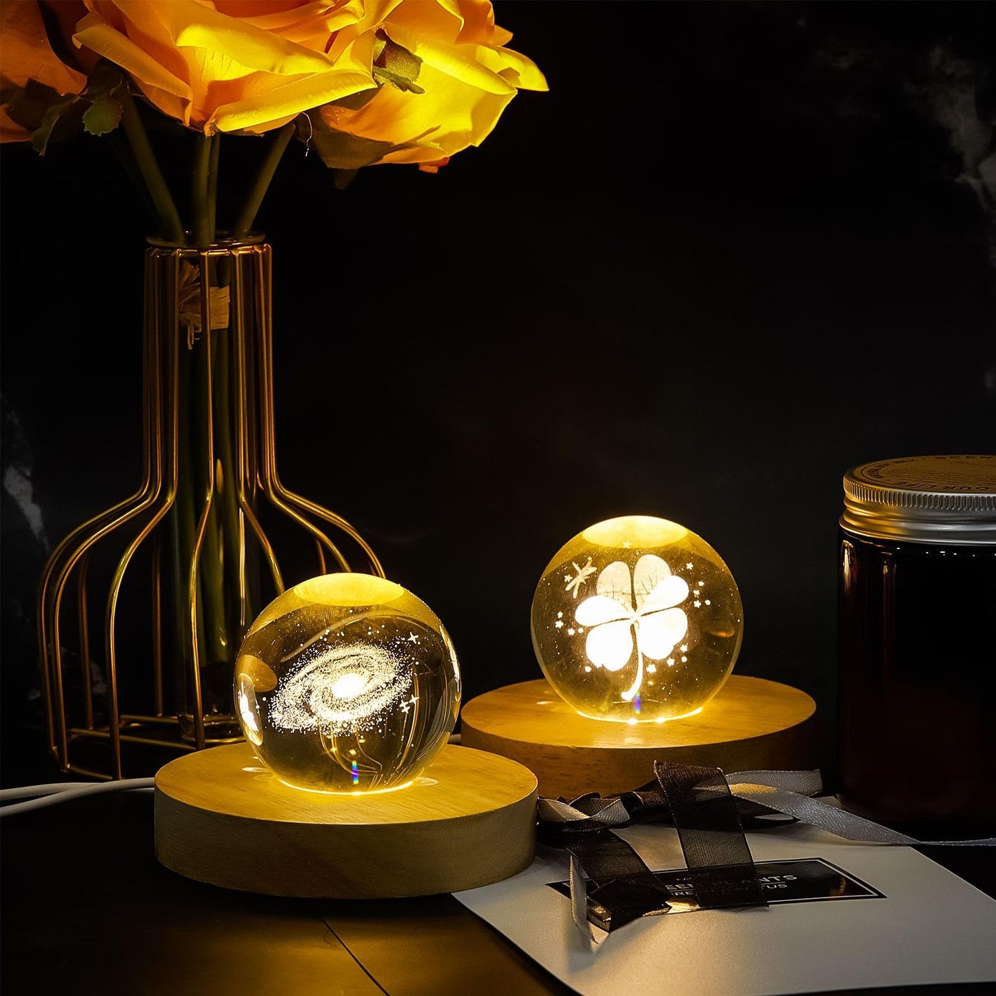 Honoson 4 Pcs LED Light Base - Wooden LED Base for Crystal Wood Light Display for Glass Art Lighted Stand for 3D Glass Resin Art(Square, Round)