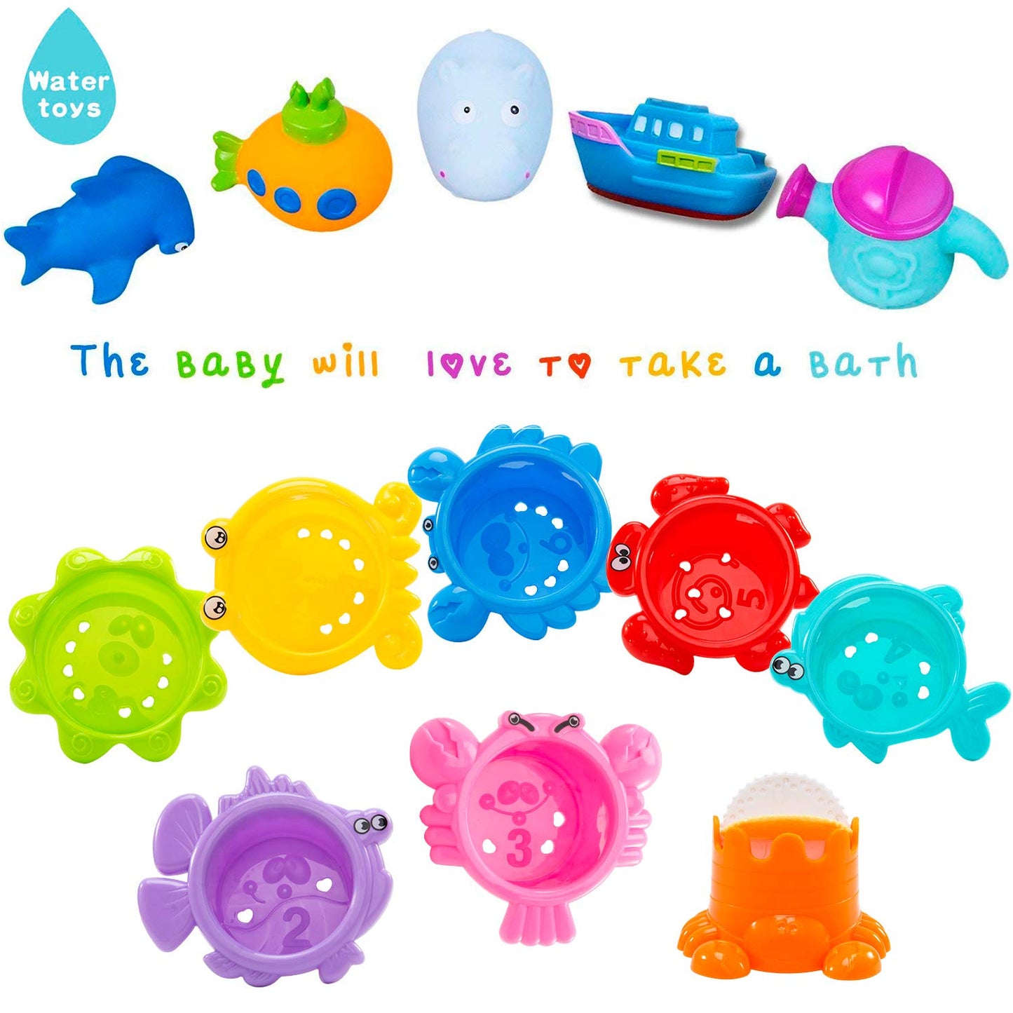 INNOCHEER Baby Bath Toys for Toddlers, Water Table Toys with Mold Free Stacking Cups, Quick Dry Organizer Net, 13 Pcs Bathtub Game, Beach and Pool Party