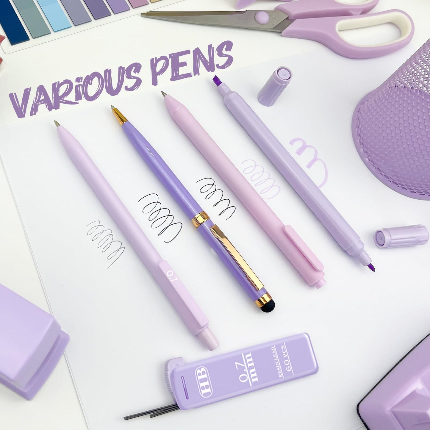 Purple Desk Accessories, 17Pcs Purple Office Supplies Set with Stapler, Mesh Desk Organizer, Tape Dispenser, Staple Remover, Pen Holder, Clips, Pens, Ruler, for Office Home School Women Students Gift